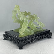 Natural Green Serpentine Twin Magpie Birds on Tree with Wooden Stand Display 792.2g L203.0 by B146.0 by H170.0 mm - Huangs Jadeite and Jewelry Pte Ltd