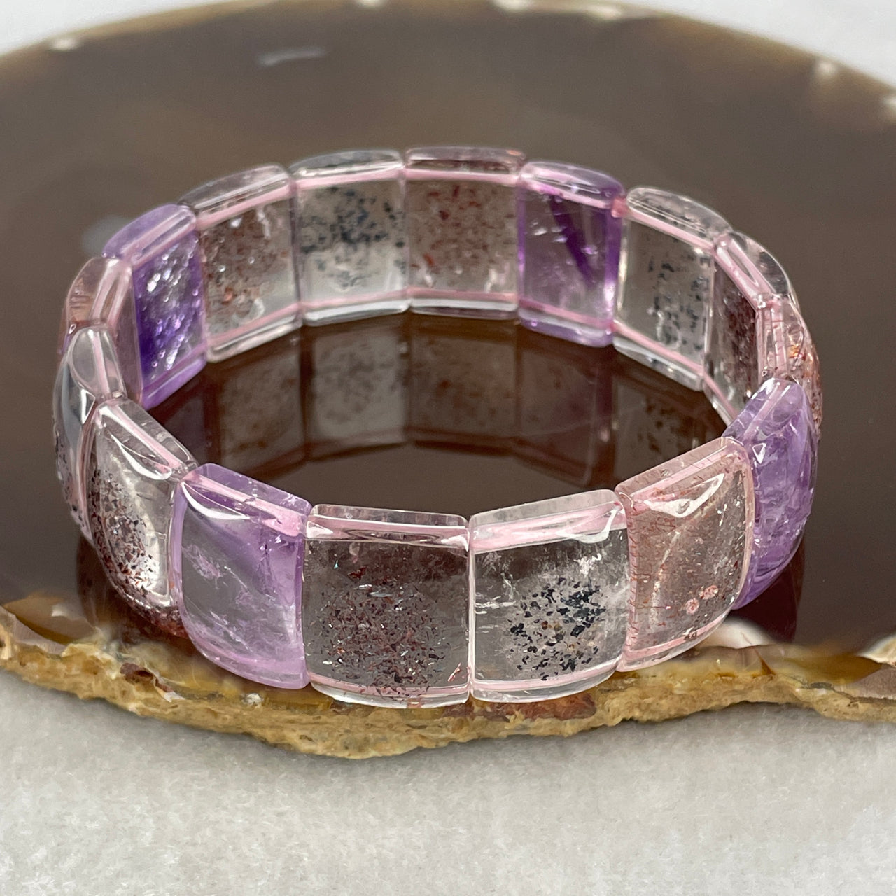 Certified Good Grade Natural Super 7 Crystal Shou Pai Bracelet | 18.2mm Sacred 7-Mineral Synergy Power (47.692g | 17cm Wrist Sizing | 16 Pcs)
