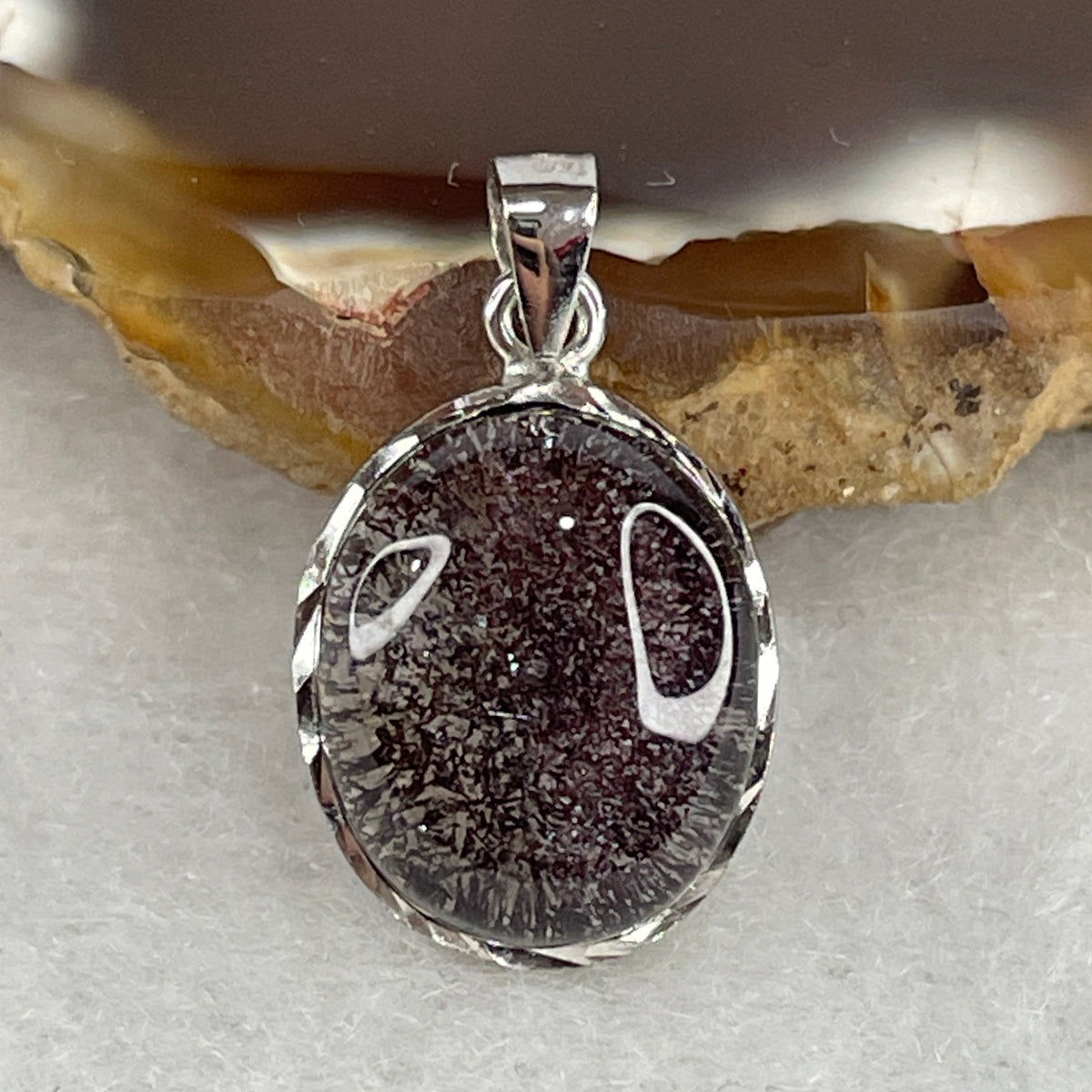 Collectors Grade Natural Firework Super 7 Crystal Cabochon Pendant in S925 Silver Clasp | 12.9mm Precision Oval Cabochon Cut (2.01g | 12.9 by 10.7 by 6.1mm)