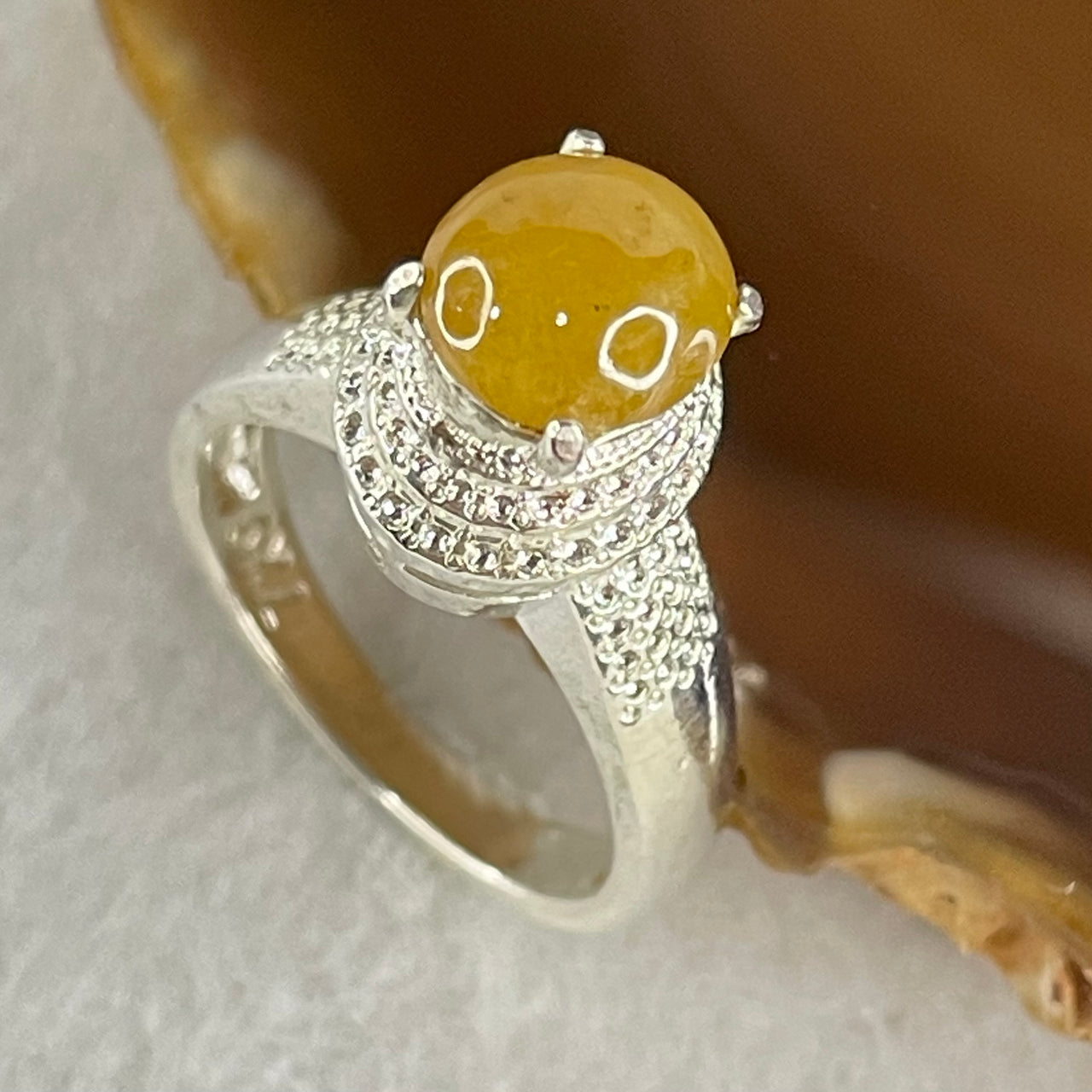 Type A Yellowish Jadeite Cabochon in Sliver Color Mold Ring 5.12g 8.6 by 7.6 by 4.0mm US7.7 HK17 - Huangs Jadeite and Jewelry Pte Ltd