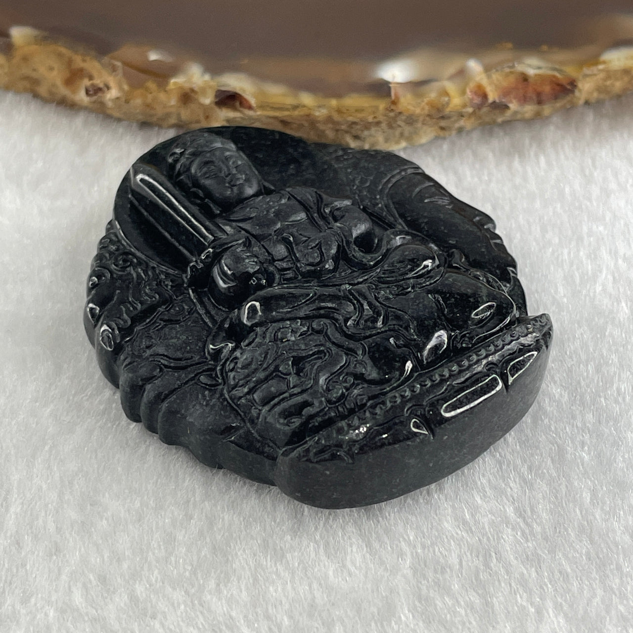 Type A Opaque Black Omphacite Jadeite Good Vs Evil Manjushri Bodhisattva Pendant Rabbit Zodiac Guardian 39.25g 50.5 by 44.0 by 13.3mm - Huangs Jadeite and Jewelry Pte Ltd