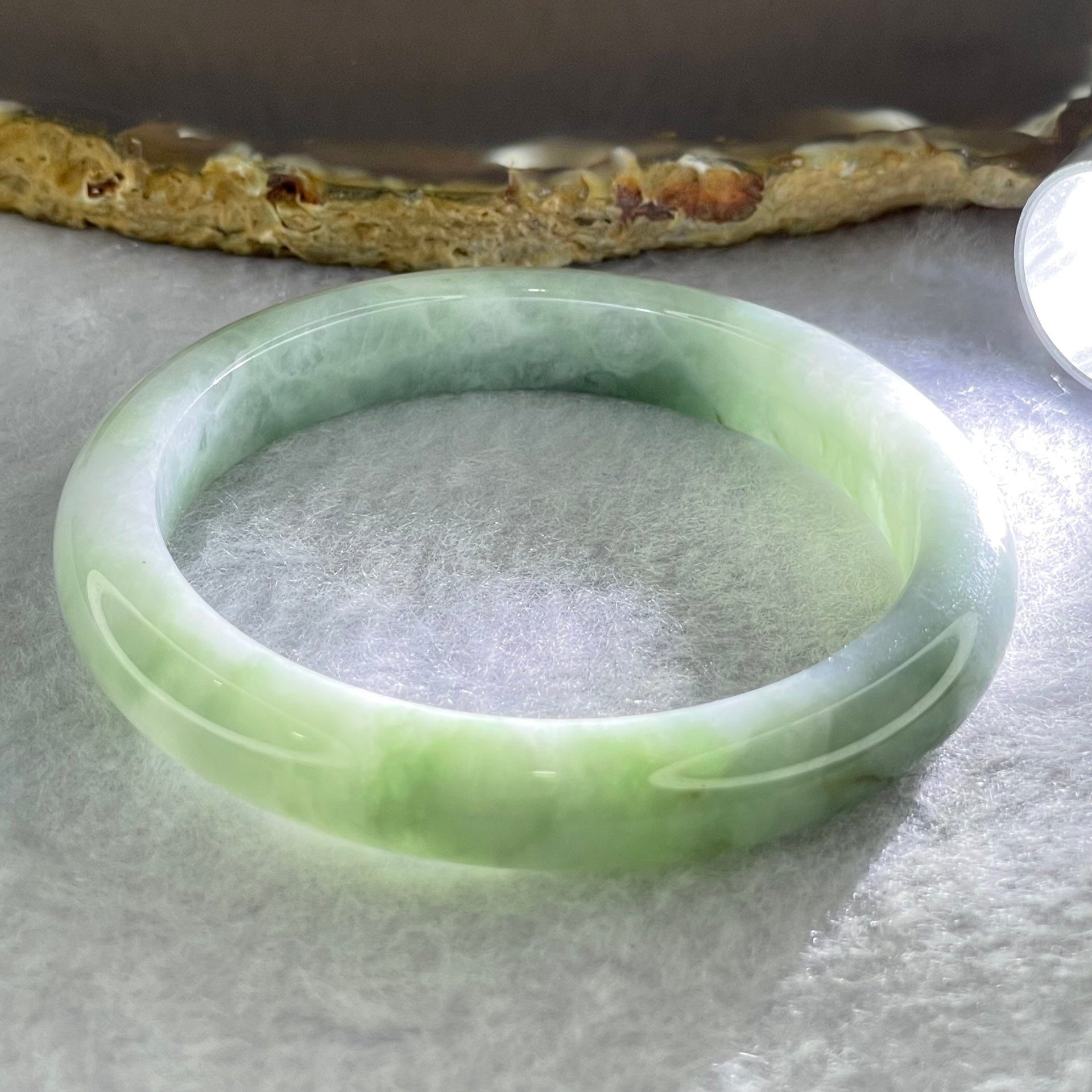 Type A Blueish Green with Lavender Jadeite Bangle Internal Diameter 52.8mm 55.83g 9.6 by 7.5mm (Internal Lines) - Huangs Jadeite and Jewelry Pte Ltd