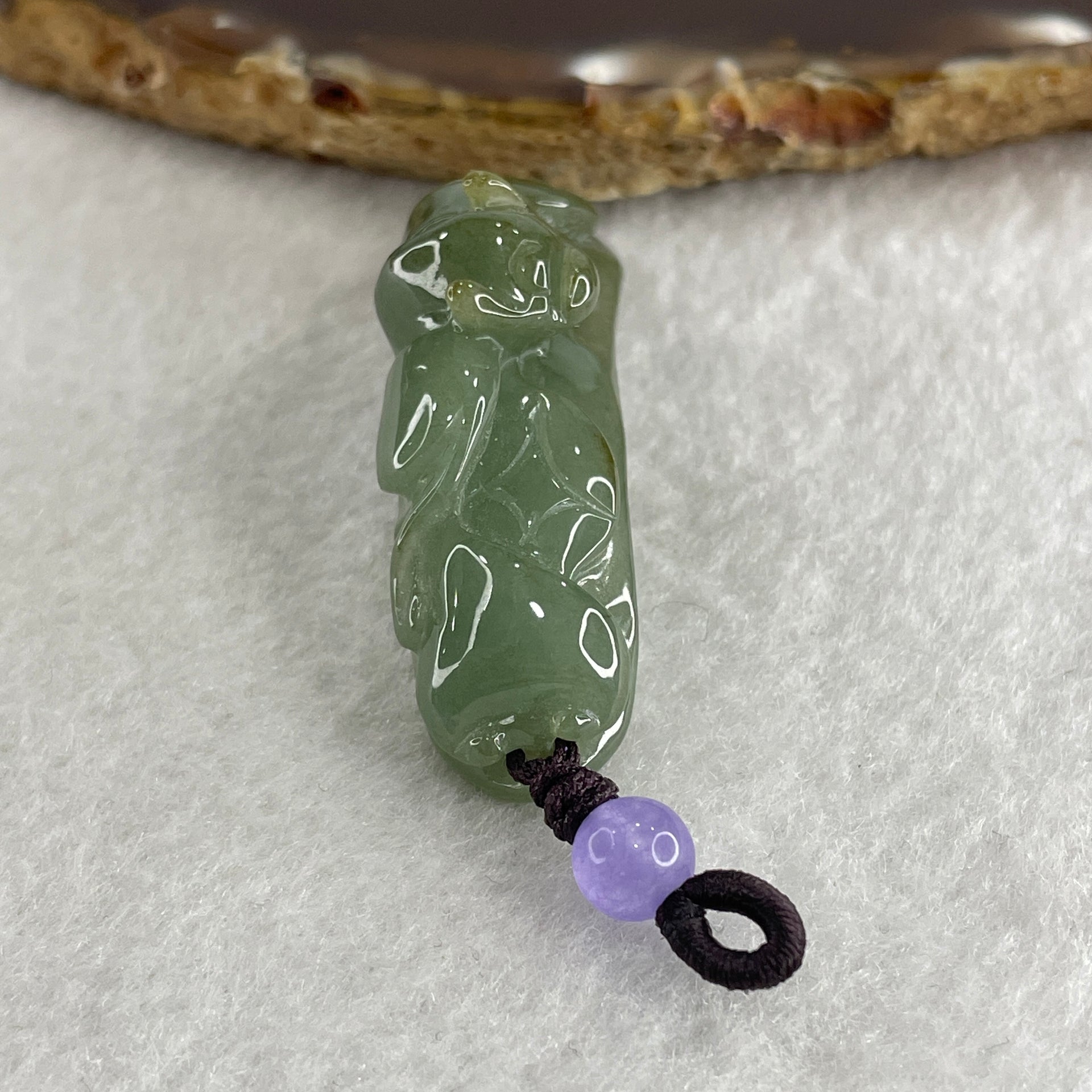 Natural Type A Green with Brownish Jadeite Bat with Coins and Ruyi Pendant Charm 16.14g 50.7 by 15.0 by 14.7mm - Huangs Jadeite and Jewelry Pte Ltd