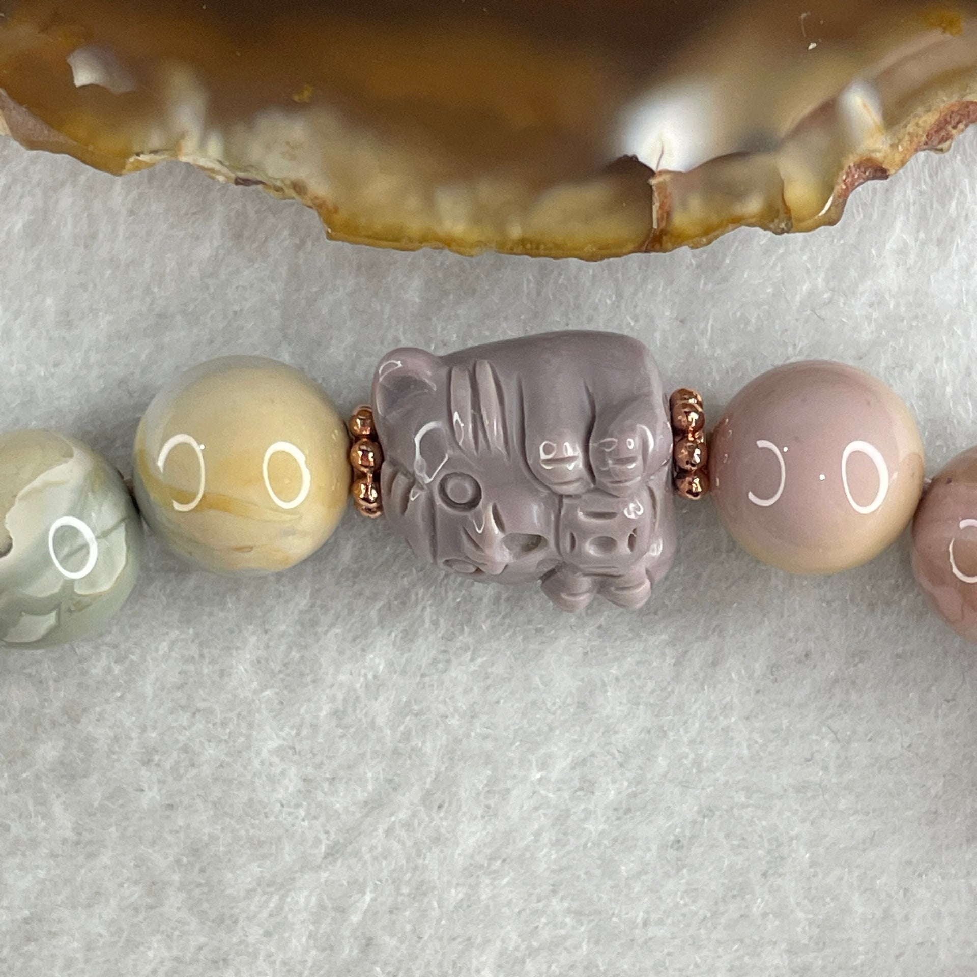 Natural Alashan Agate Pastels Pink Beads with Cat Charm Bracelet 29.60g 15.5cm 10.8mm 17Beads - Huangs Jadeite and Jewelry Pte Ltd