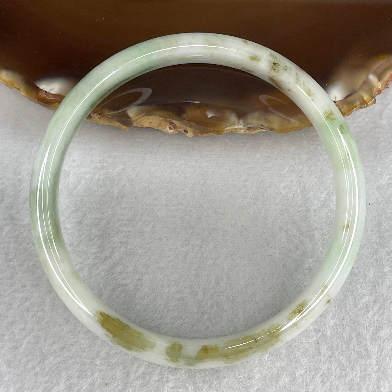 55.2mm Natural Type A Jadeite Bangle: Light Green Jade with Green and Brown Piao Hua (29.42g) - 11.1x6.7mm Width Genuine Burmese Jadeite (External and Internal Lines)