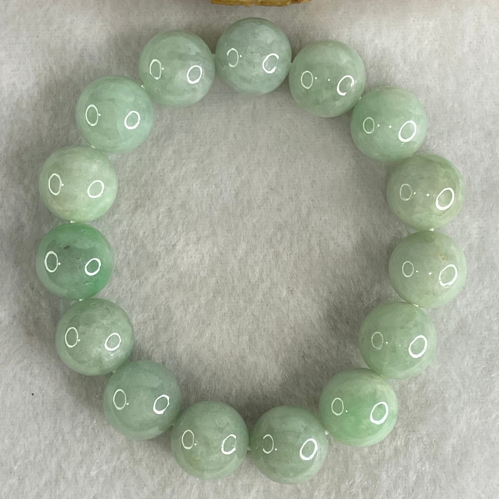 Type A Light Green Jadeite Beads Bracelet 67.56g 16cm 13.9mm 15 Beads (Slight Internal Lines) - Huangs Jadeite and Jewelry Pte Ltd