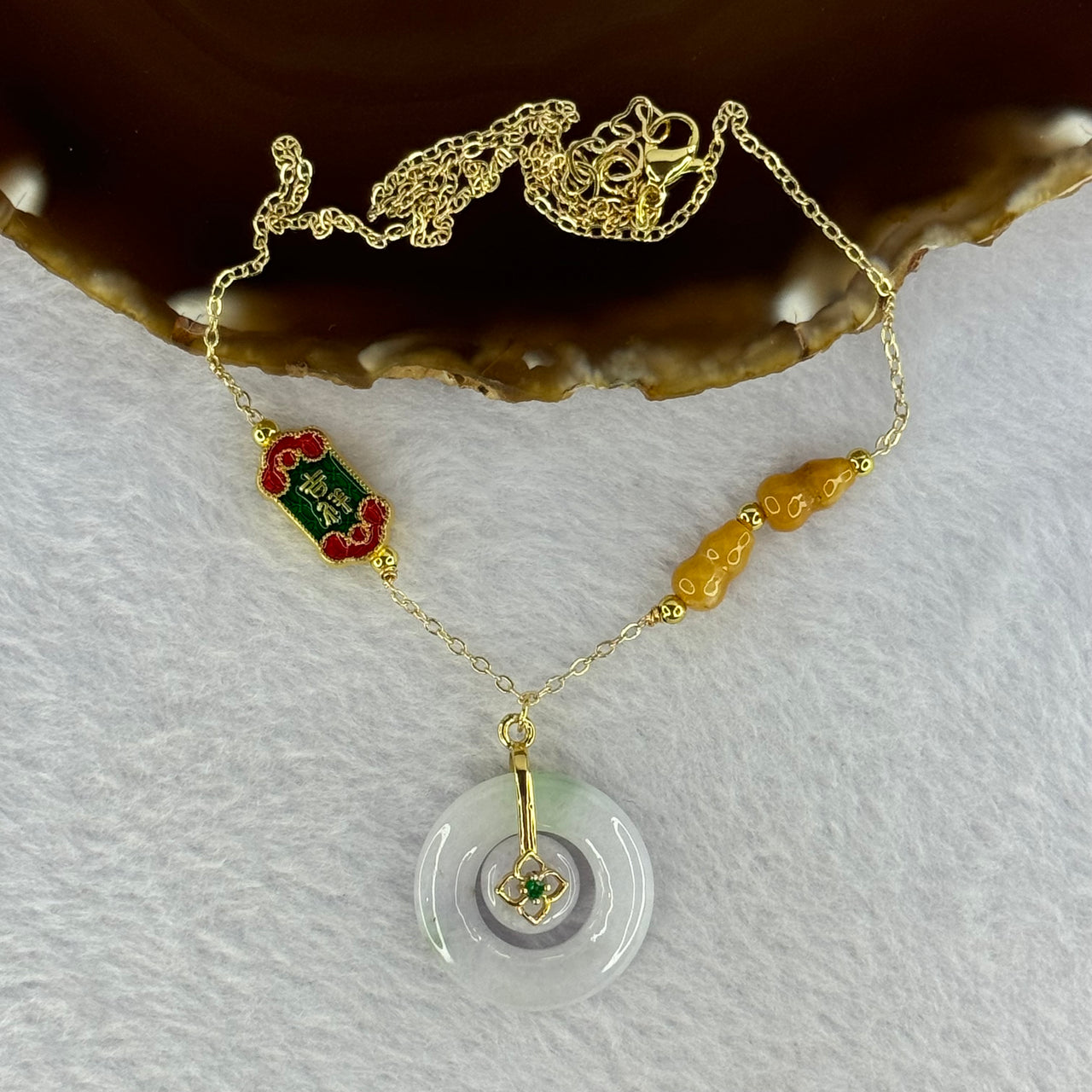 Type A Lavender and Green Jadeite Double Ping An Kou Donut 24.2 by 5.1mm with Double Hulu 10.1 by 4.5mm in Gold Color Necklace 11.76g - Huangs Jadeite and Jewelry Pte Ltd