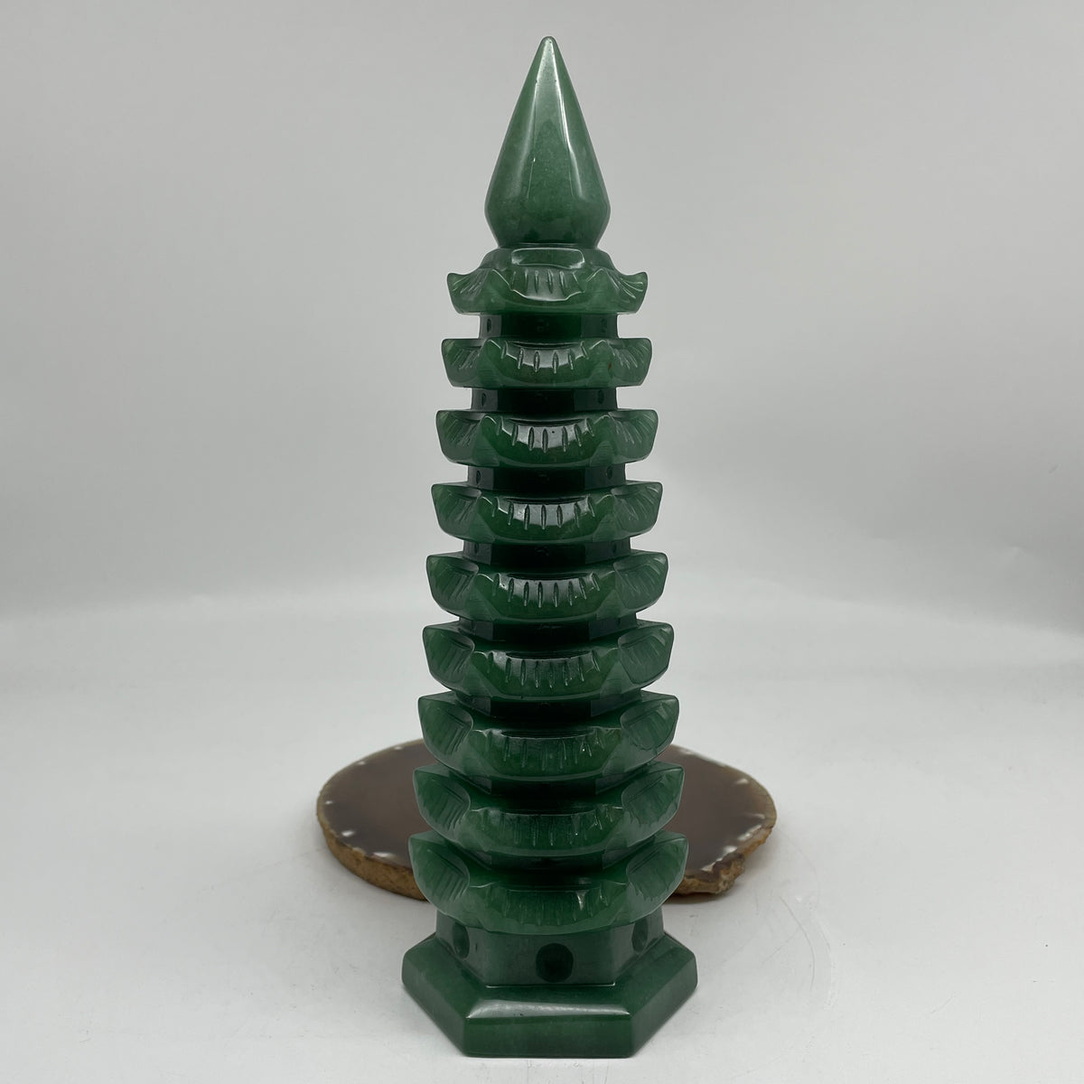 Natural Green Aventurine Pagoda Display | (1,177.6g | 78.5 x 70.3 x 250.0mm | Catalyst, "Wen Chang" Academic Excellence & Career Prosperity Anchor, Traditional Spatial Harmony Specimen)