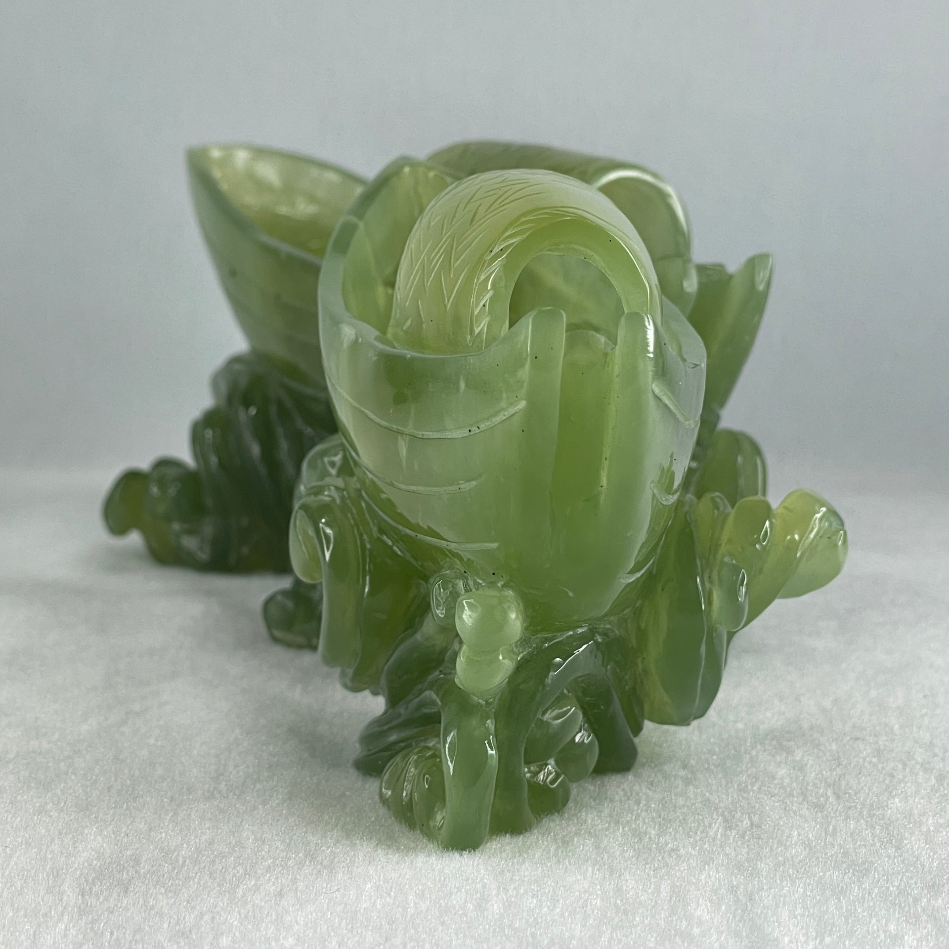Natural Semi Icy Green Serpentine Double Boats Display 1,692.9g 287.0 by 121.0 by 130.0mm - Huangs Jadeite and Jewelry Pte Ltd