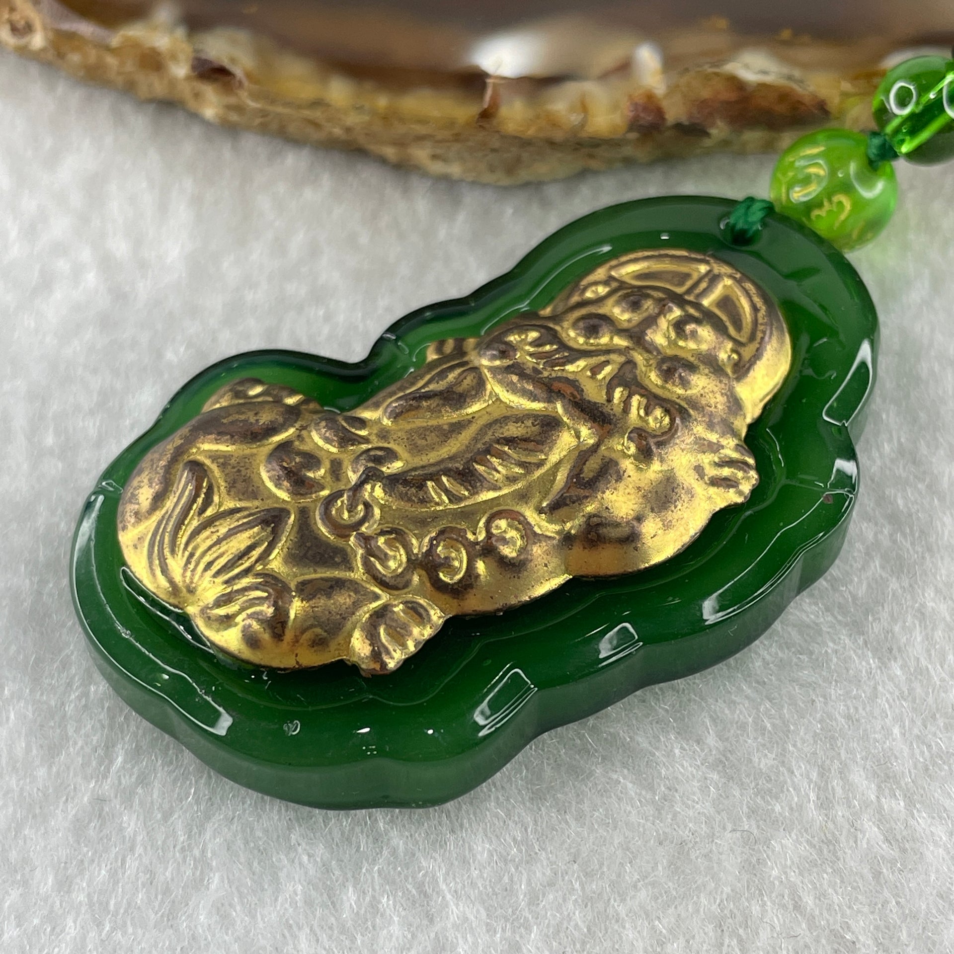 Man Made Brass Pixiu Green Color Beads Necklace 44.42g 64cm 50.3 by 31.6 by 11.5mm - Huangs Jadeite and Jewelry Pte Ltd