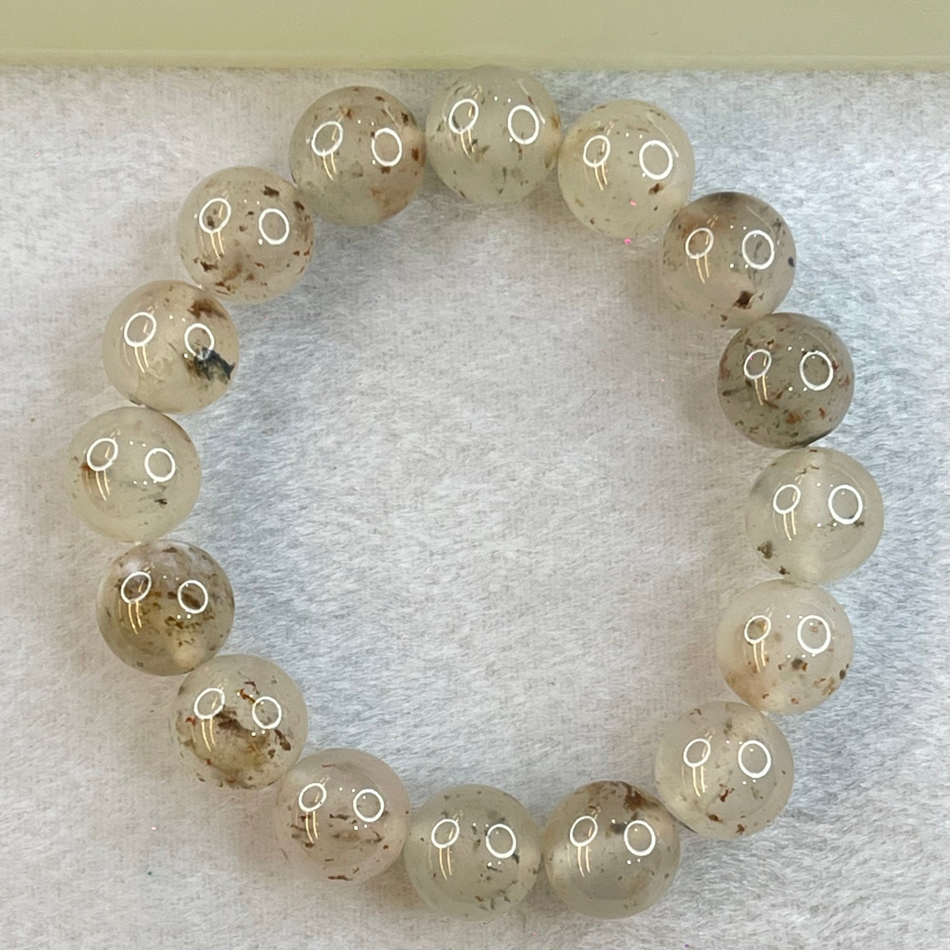 Transparent Colourless White with Brown Patches Sodium Feldspar Jade Bangle 水沫玉钠长石玉手链 50.63g 18cm 13.4mm 16 Beads - Huangs Jadeite and Jewelry Pte Ltd