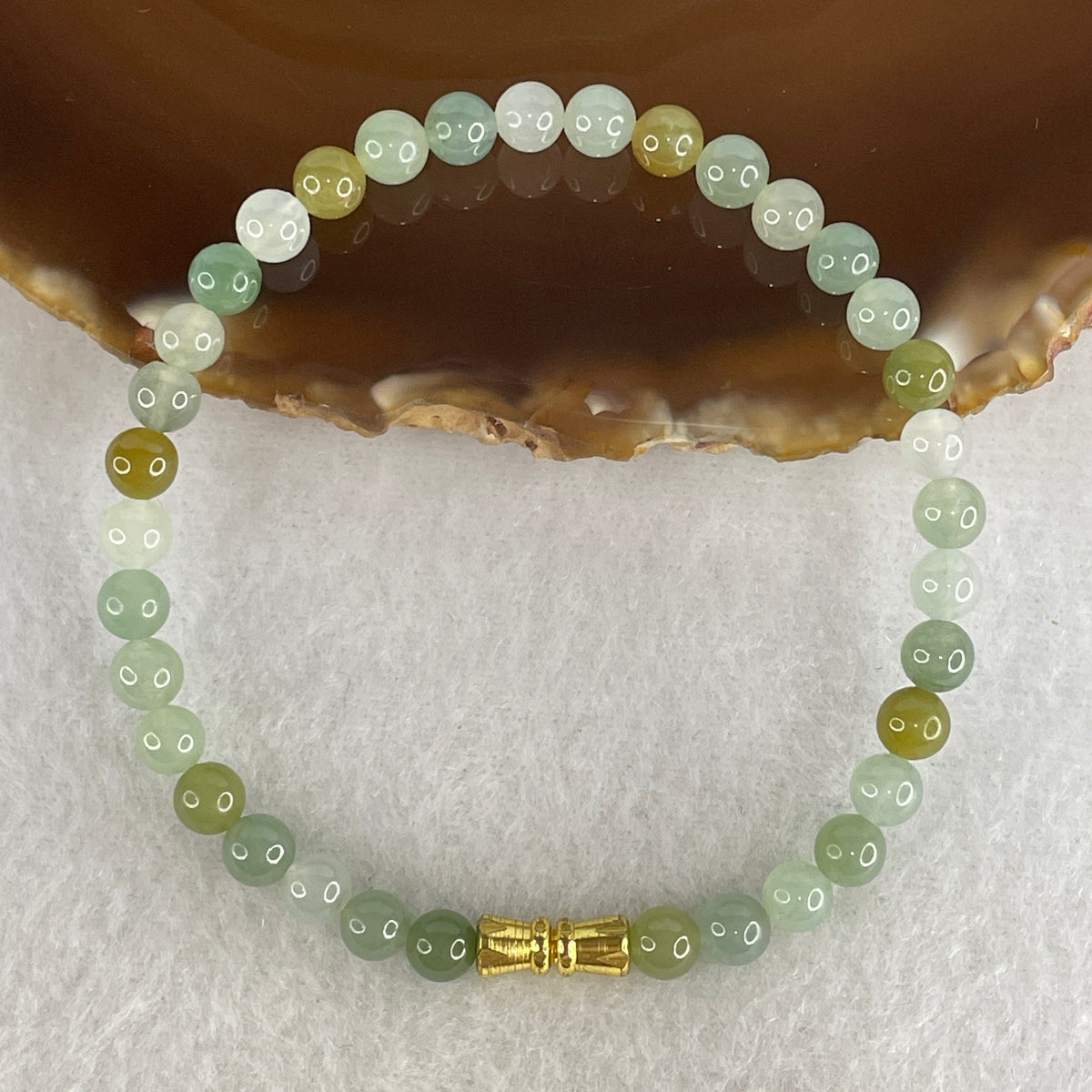 Natural Type A Semi-Icy Light Green, Blueish-Green & Yellow Jadeite Beads Bracelet | (10.39g | 17.5cm | 5.4mm | 35 Beads | Heart, Solar Plexus & Throat Chakra Synergy, Three-Star Prosperity "Fu Lu Shou" Catalyst & Feng Shui Wealth Anchor)