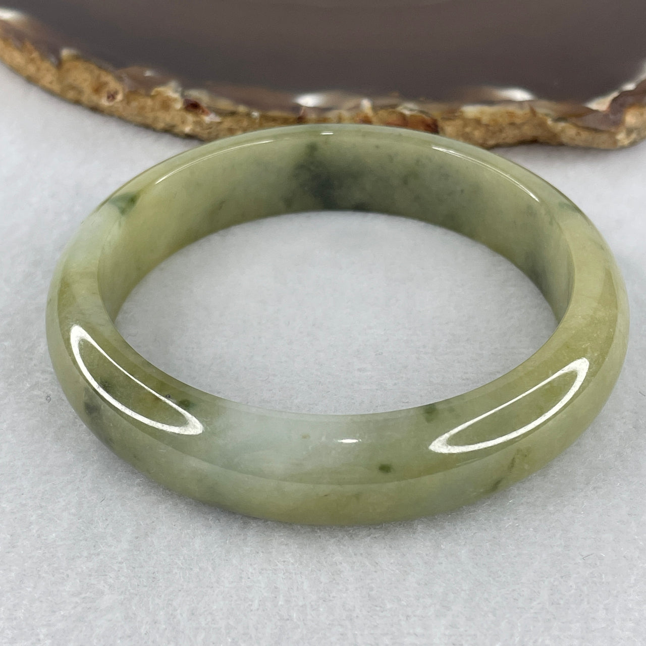 Natural Type A Yellowish-Green & Lavender Piao Hua Jadeite Bangle | Majestic Wide-Profile Flat-Inner Court Silhouette | Monumental Myanmar Feicui Flawless Good Fortune Armor Bangle (61.00g 14.0x7.5mm | 60.2mm Inner Diameter | Perfect)