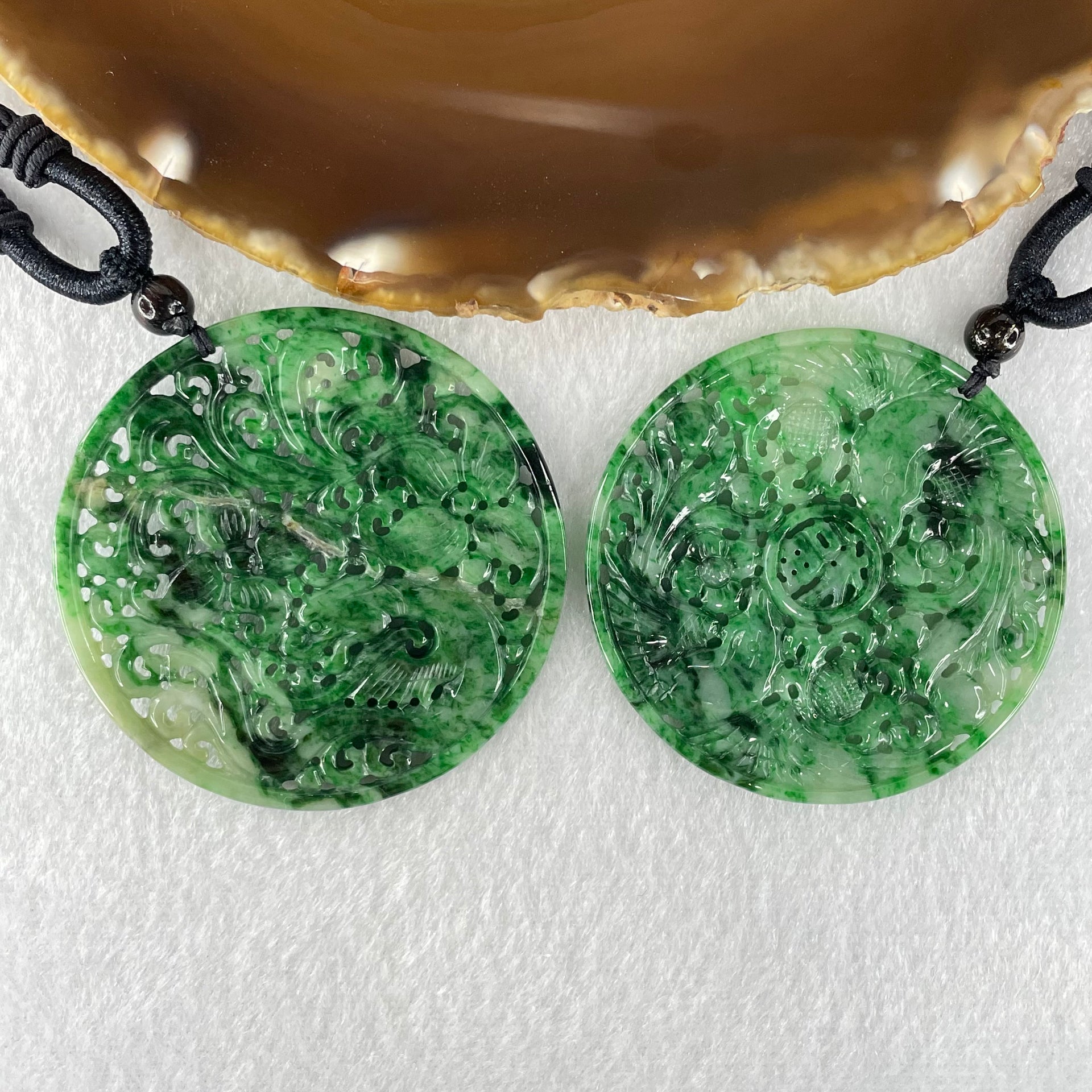 Grandmaster Type A Old Mine Green Piao Hua Jadeite Dragon 15.44g 51.9 by 3.0mm Twin Phoenix 15.25g 49.5 by 2.7mm Pendant Pair 花开富贵 - Huangs Jadeite and Jewelry Pte Ltd