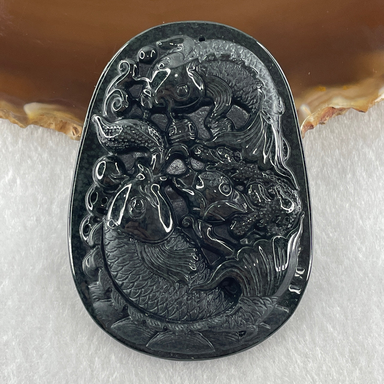 Type A Opaque to Partial Translucent Black Omphacite Jadeite Double Fish with Lotus Flower and Coins Pendant 29.11g 61.1 by 44.1 by 9.2mm - Huangs Jadeite and Jewelry Pte Ltd