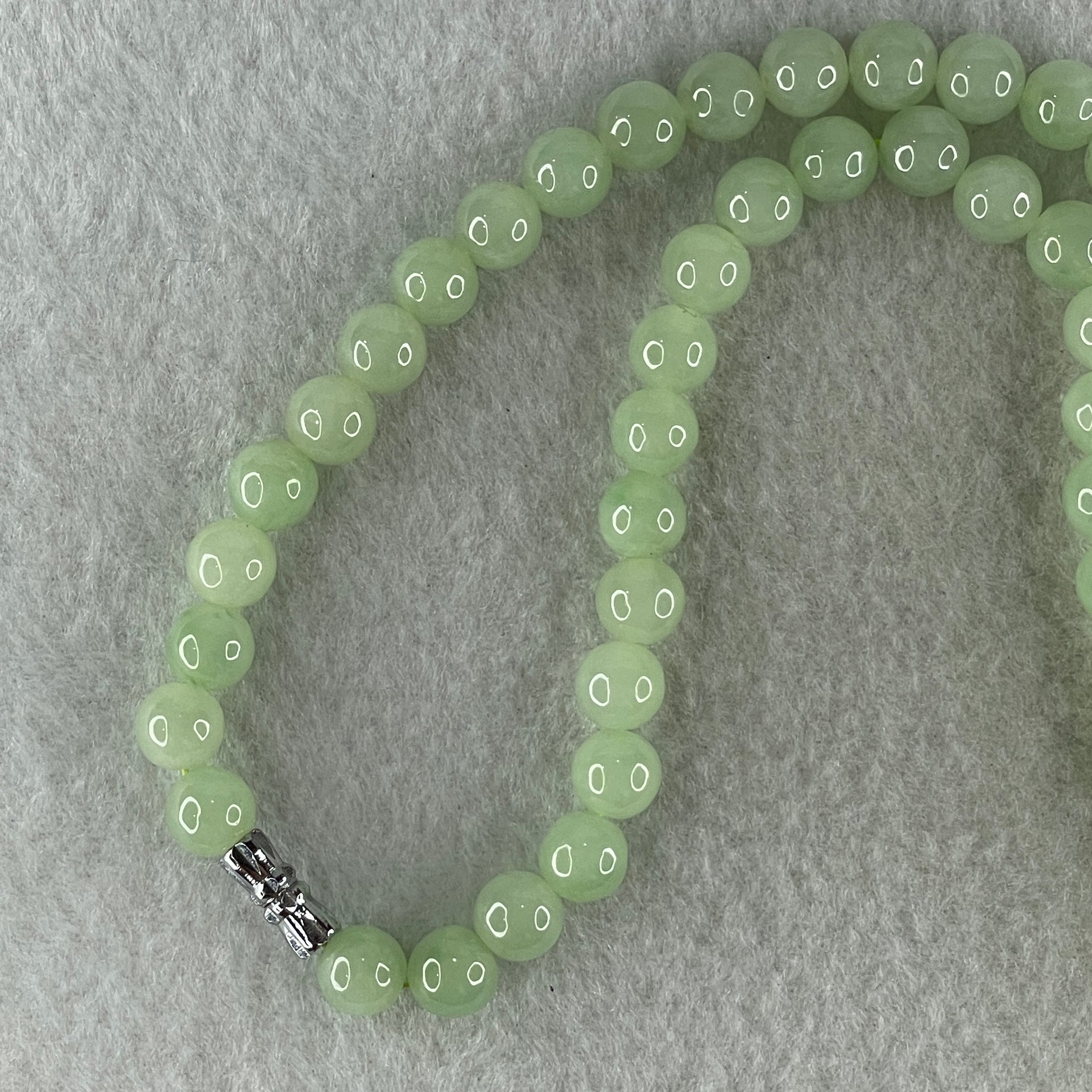 Type A Natural Semi Icy Light Green Jadeite Beads Necklace 39.10g 40cm 7.5mm 54Beads - Huangs Jadeite and Jewelry Pte Ltd