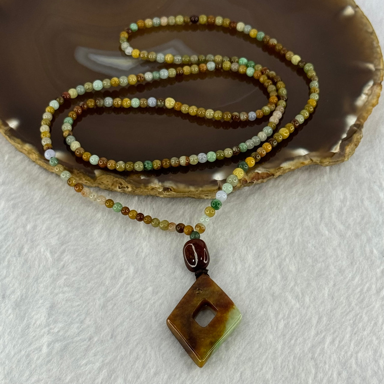 Type A Muti Color Jadeite Beads Necklace with Diamond Shaped Pendent 21.25g 37.2 by 24.8 by 5.7mm (External Rough) - Huangs Jadeite and Jewelry Pte Ltd