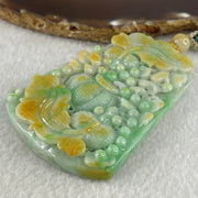 Grand Master Type A Green with Yellow Patches Jadeite Goldfish Pair and Basket of Flowers Pendant 连年有余 109.37g 76.2 by 53.5 by 12.3mm - Huangs Jadeite and Jewelry Pte Ltd