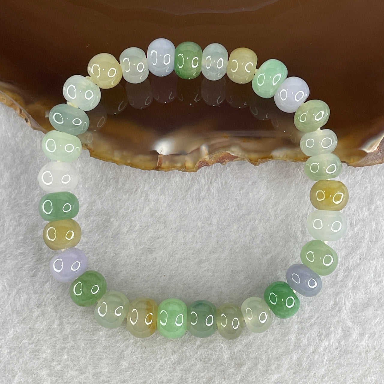 Natural Type A Semi Icy Muti Color Green Lavender Yellow Jadeite Donut Beads Bracelet 22.91g 15.5cm 8.4mm 30 Beads - Huangs Jadeite and Jewelry Pte Ltd