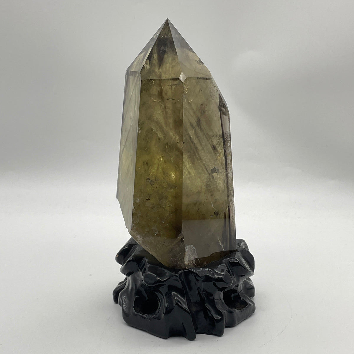 High Grade Natural Smoky Quartz Tower Display with Custom Wooden Stand | (1,698.1g | 120.0x105.0x205.0mm | Chakra & Earth Star Anchor, Stress Dissolver, Executive Composure & Feng Shui Protection Fortress)