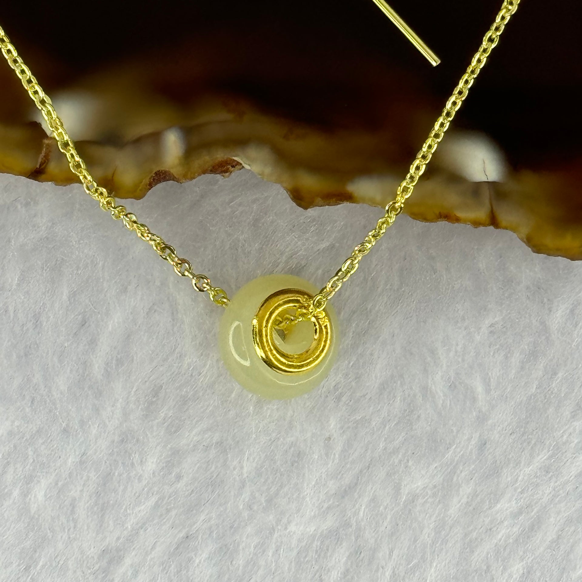 Natural Yellowish Nephrite Ping An Kou Donut 999 Gold Pendent in Gold Color Necklace 2.91g 10.1 by 6.5mm - Huangs Jadeite and Jewelry Pte Ltd