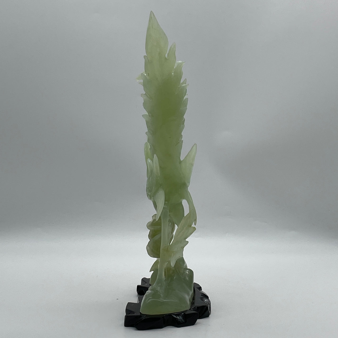Natural Green Serpentine Phoenix on Tree with Wooden Stand Display 830.1g 165.0 by 90.0 by 300.0mm