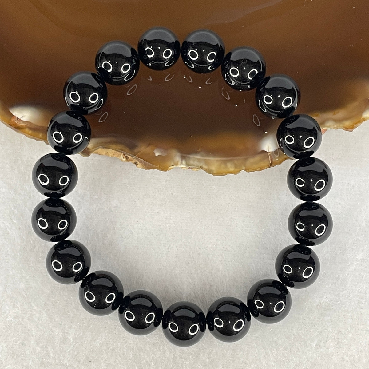 Certified Good Grade Natural Black Obsidian Beads Bracelet | 10.4mm Mirror-Polished (26.14g | 19 Beads | 16cm )