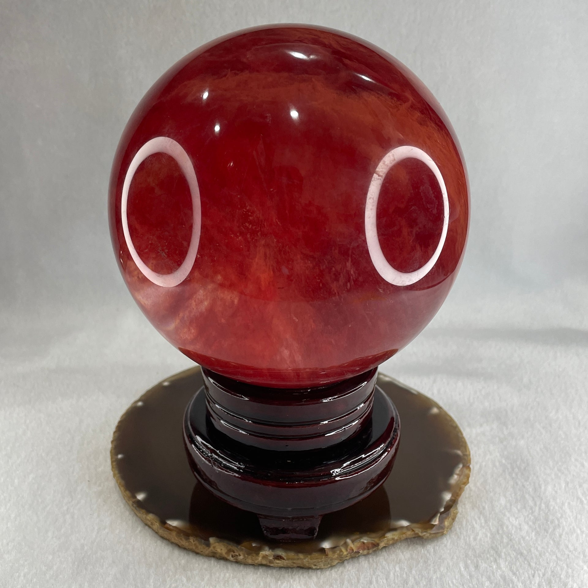 Red Cherry Quartz Sphere Ball with Wooden Stand Display 2,400.3g 125.0 by 170.0mm - Huangs Jadeite and Jewelry Pte Ltd