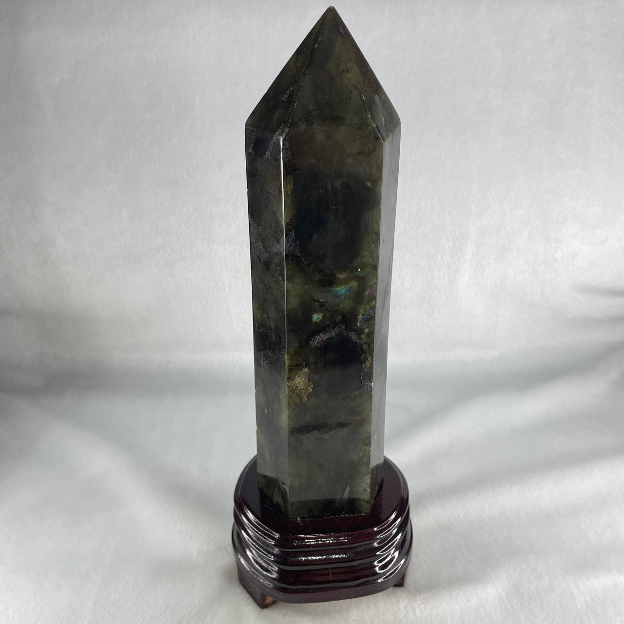Good Grade Natural Labradorite Tower with Wooden Stand Display 1109.6g 260.5 by 192.7 by 75.2mm - Huangs Jadeite and Jewelry Pte Ltd