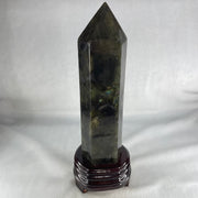 Good Grade Natural Labradorite Tower with Wooden Stand Display 1109.6g 260.5 by 192.7 by 75.2mm - Huangs Jadeite and Jewelry Pte Ltd