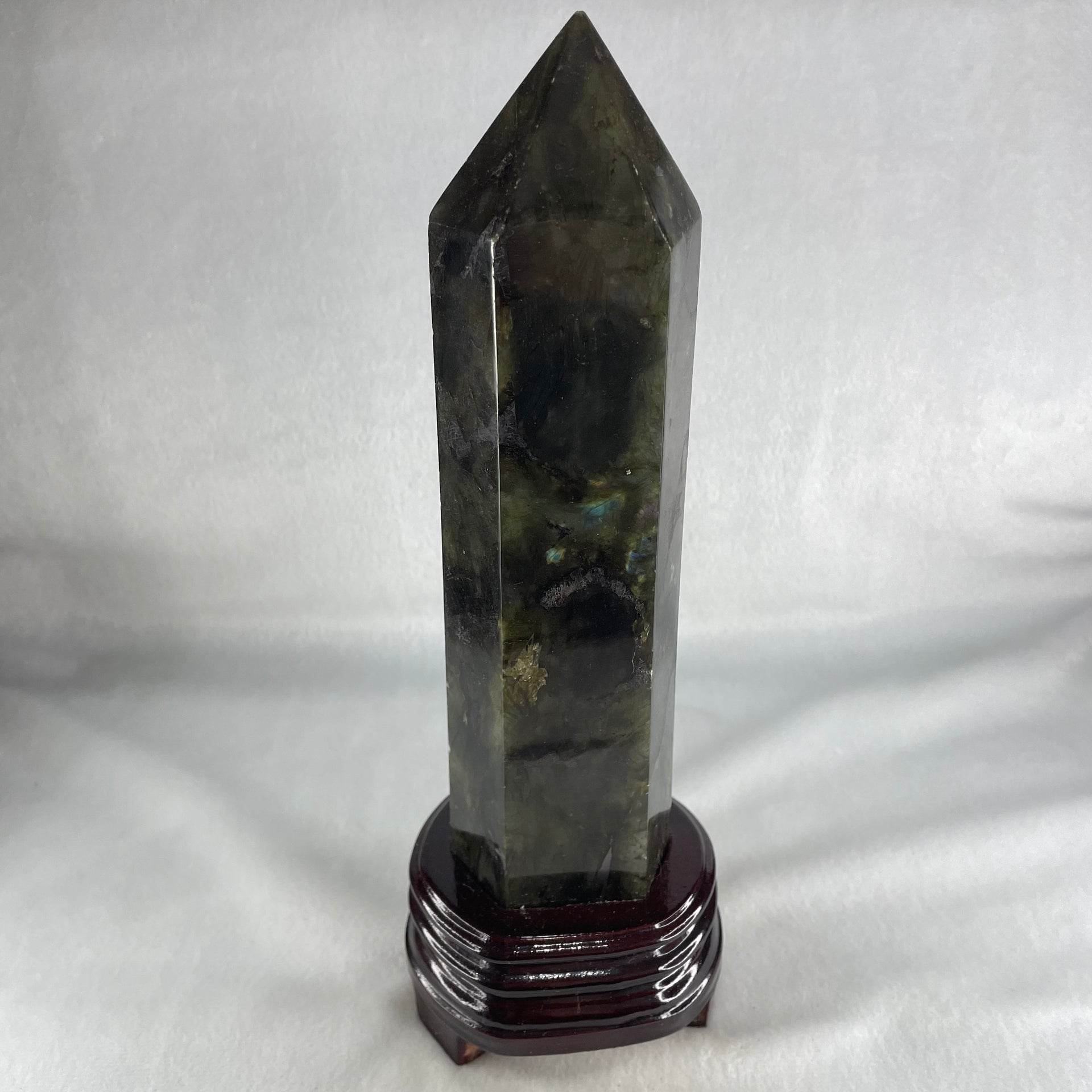 Good Grade Natural Labradorite Tower with Wooden Stand Display 1109.6g 260.5 by 192.7 by 75.2mm - Huangs Jadeite and Jewelry Pte Ltd