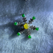 Type A Green and Yellow Jadeite Cabochon Snowflake Pendant in S925 Sliver Necklace 3.42g 2.5 by 1.2mm 6pcs, 4.5 by 2.0mm 1pc - Huangs Jadeite and Jewelry Pte Ltd