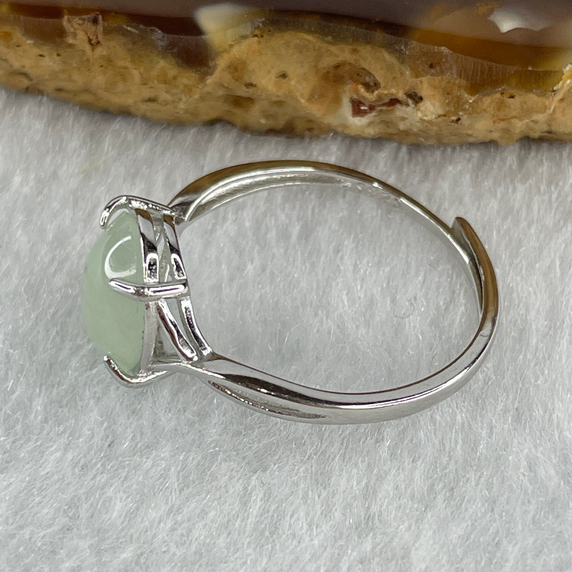 Natural Type A Semi Icy Faint Green Jadeite Oval Shape Cabouchon in S925 Silver Ring (Adjustable Size) 1.38g 9.5 by 7.2 by 3.5mm - Huangs Jadeite and Jewelry Pte Ltd