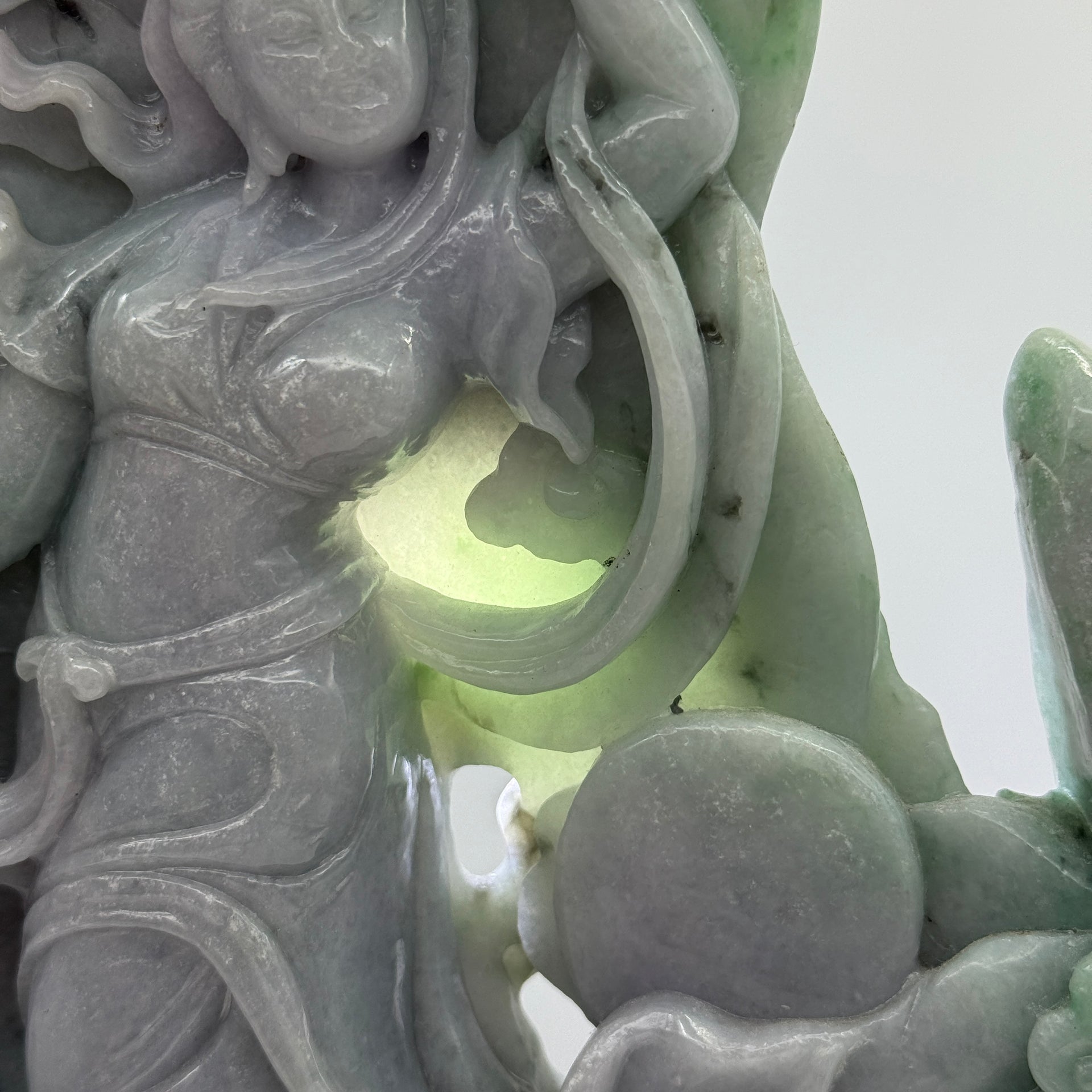 Type A Lavender and Green with Spicy Green Spots 仙女 with Wooden Stand Display Piece 3.38kg Dimensions with Stand 43 by 27 by 10cm Jadeite Dimensions 31 by 22 by 3cm - Huangs Jadeite and Jewelry Pte Ltd