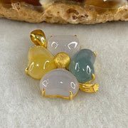 Type A Semi Icy Faint Lavender and Blueish Green and Yellow Jadeite 4 Leafs Clover in 18K Yellow Gold Pendant4.57g 9.4 by 6.0 by 4.9mm 4Pcs - Huangs Jadeite and Jewelry Pte Ltd