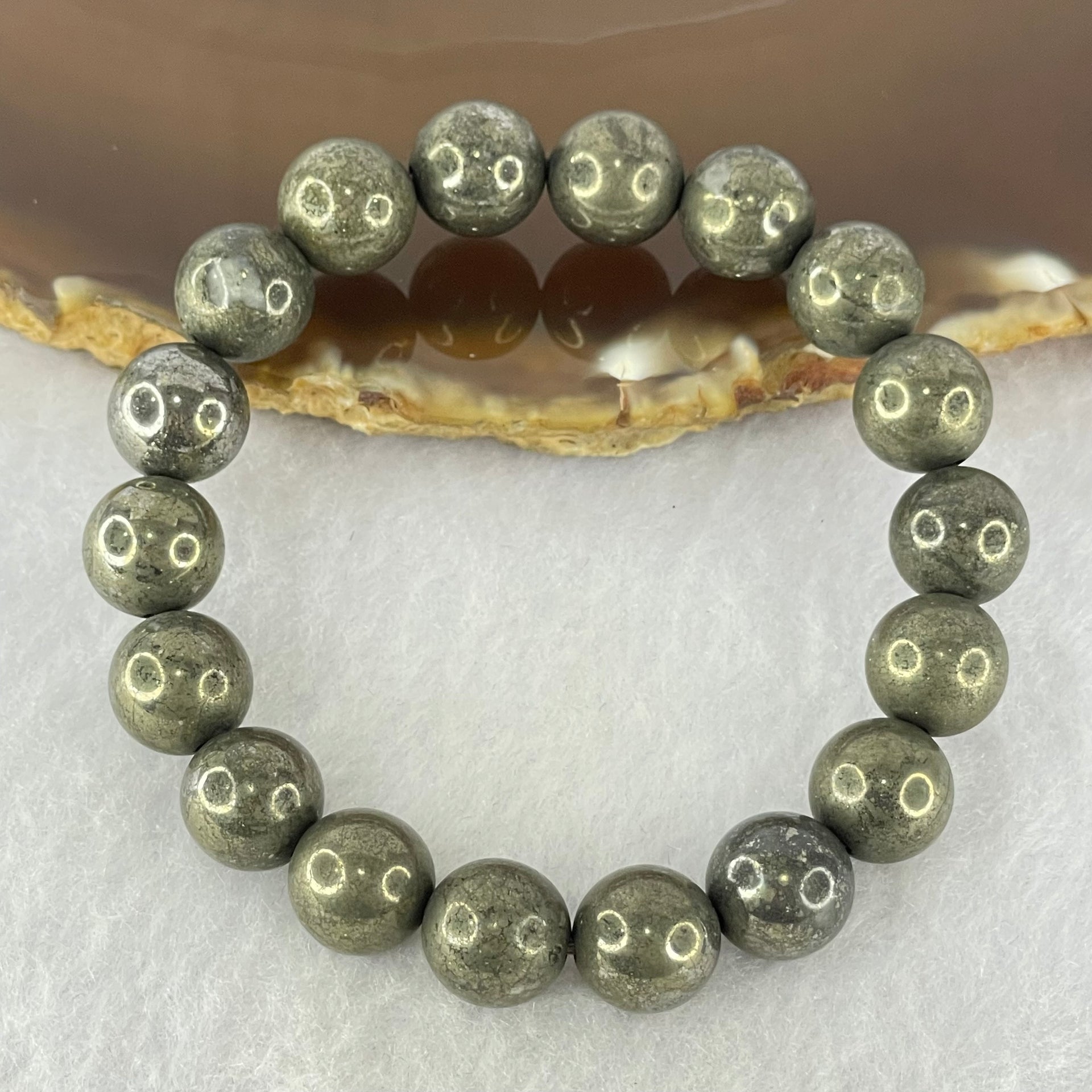 Natural Pyrite Beads Bracelet 天然黄铁矿手链 44.01g 15cm 10.3mm 18 Beads - Huangs Jadeite and Jewelry Pte Ltd
