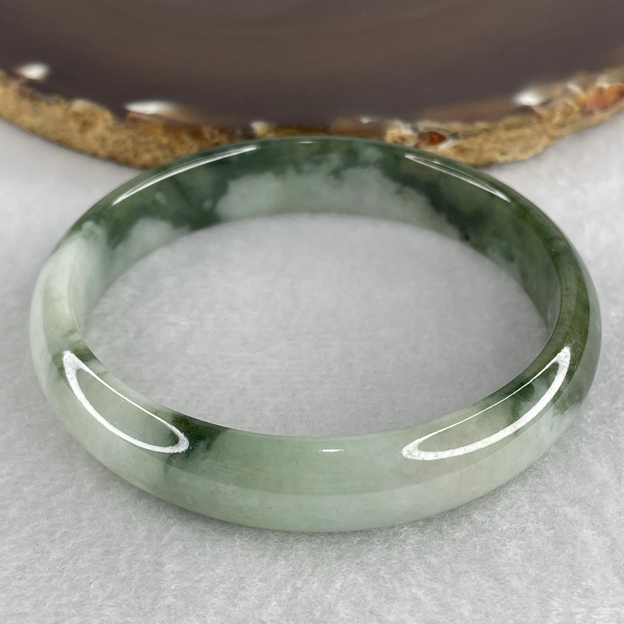 Genuine Type A Jadeite Bangle 59.9mm Inner Diameter - Light Green Jade with Dark Moss Green Floating Flowers (Piao Hua) - 42.28g Natural Jadeite Jewelry 12.6x6.9mm (Internal Lines)