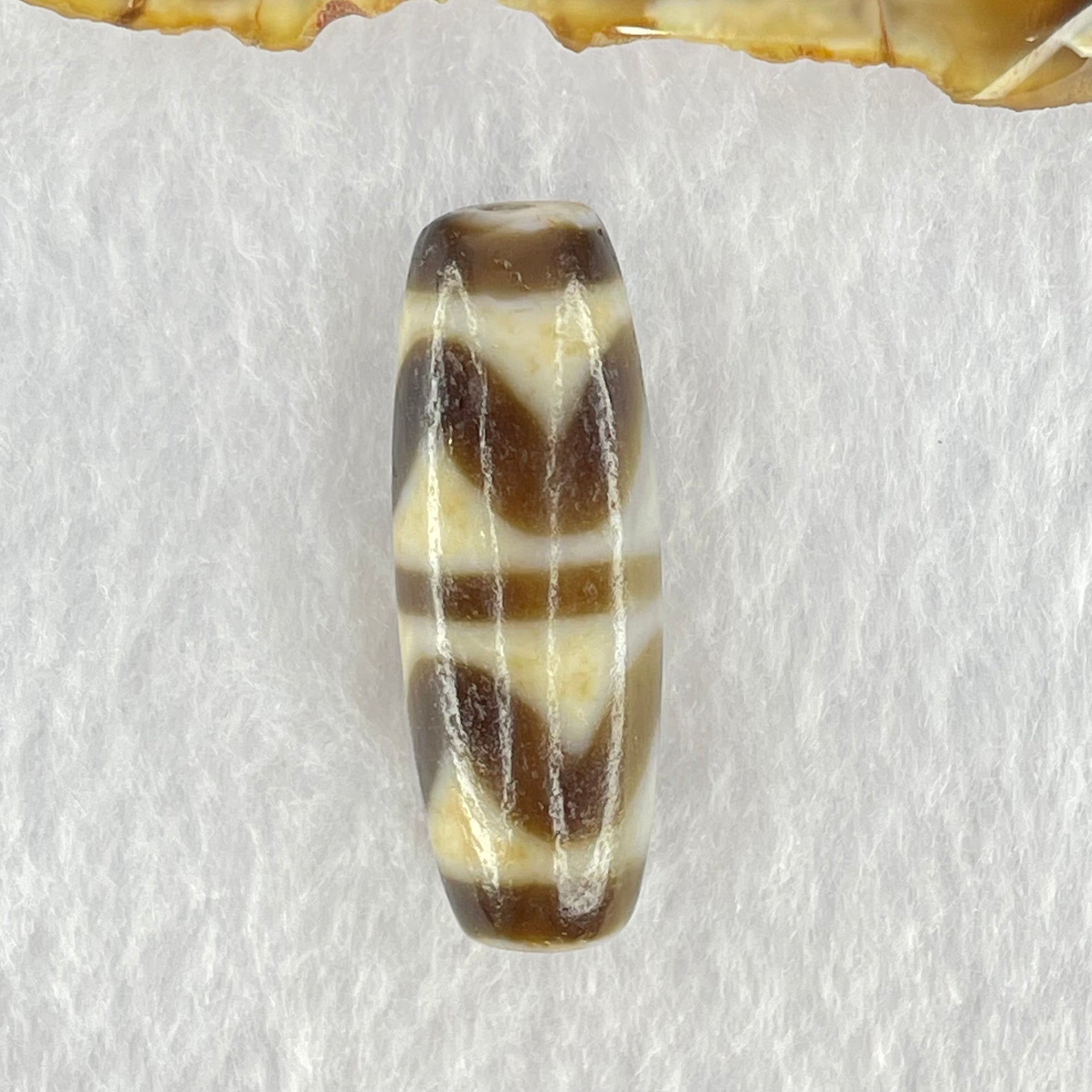 Natural Powerful Tibetan Old Oily Dark Brown White Yellow Agate Double Tiger Tooth Daluo Dzi Bead Heavenly Master (Tian Zhu) 双虎呀天诛 10.13g 37.0 by 13.3mm - Huangs Jadeite and Jewelry Pte Ltd