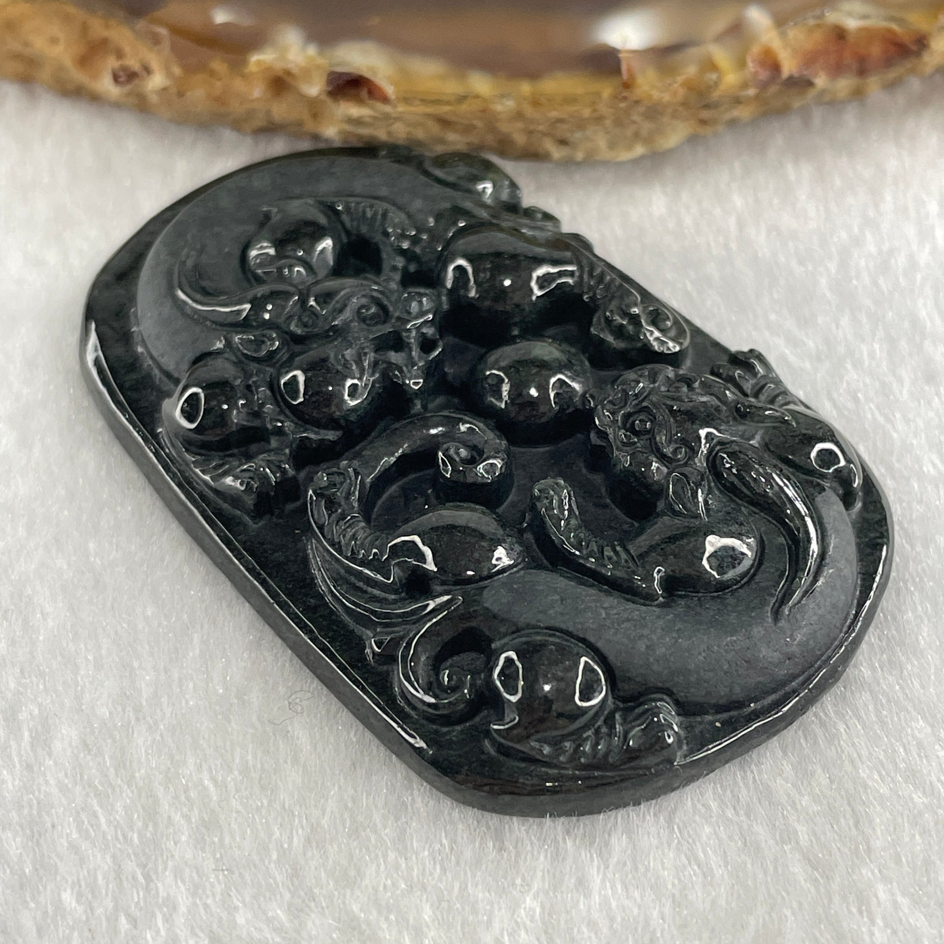 Type A Opaque to Partial Translucent Black Omphacite Jadeite Pixiu Pair Pendant 22.39g 54.7 by 34.8 by 8.8mm - Huangs Jadeite and Jewelry Pte Ltd