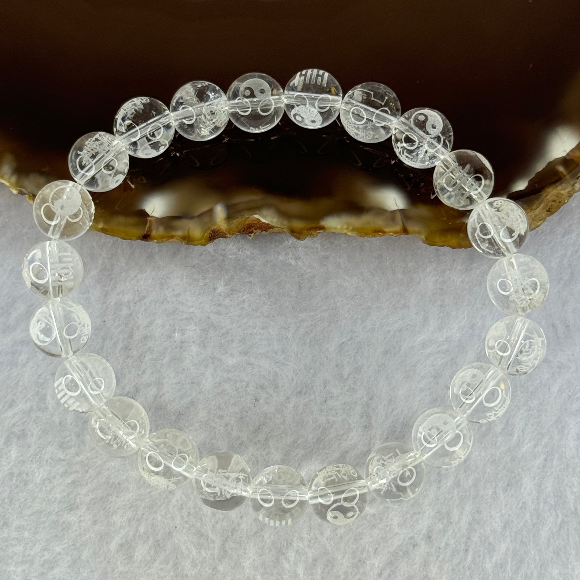 Natural Clear Quartz Beads with Inscription Bracelet 17.94g 15.5cm 8.4mm 23 Beads - Huangs Jadeite and Jewelry Pte Ltd