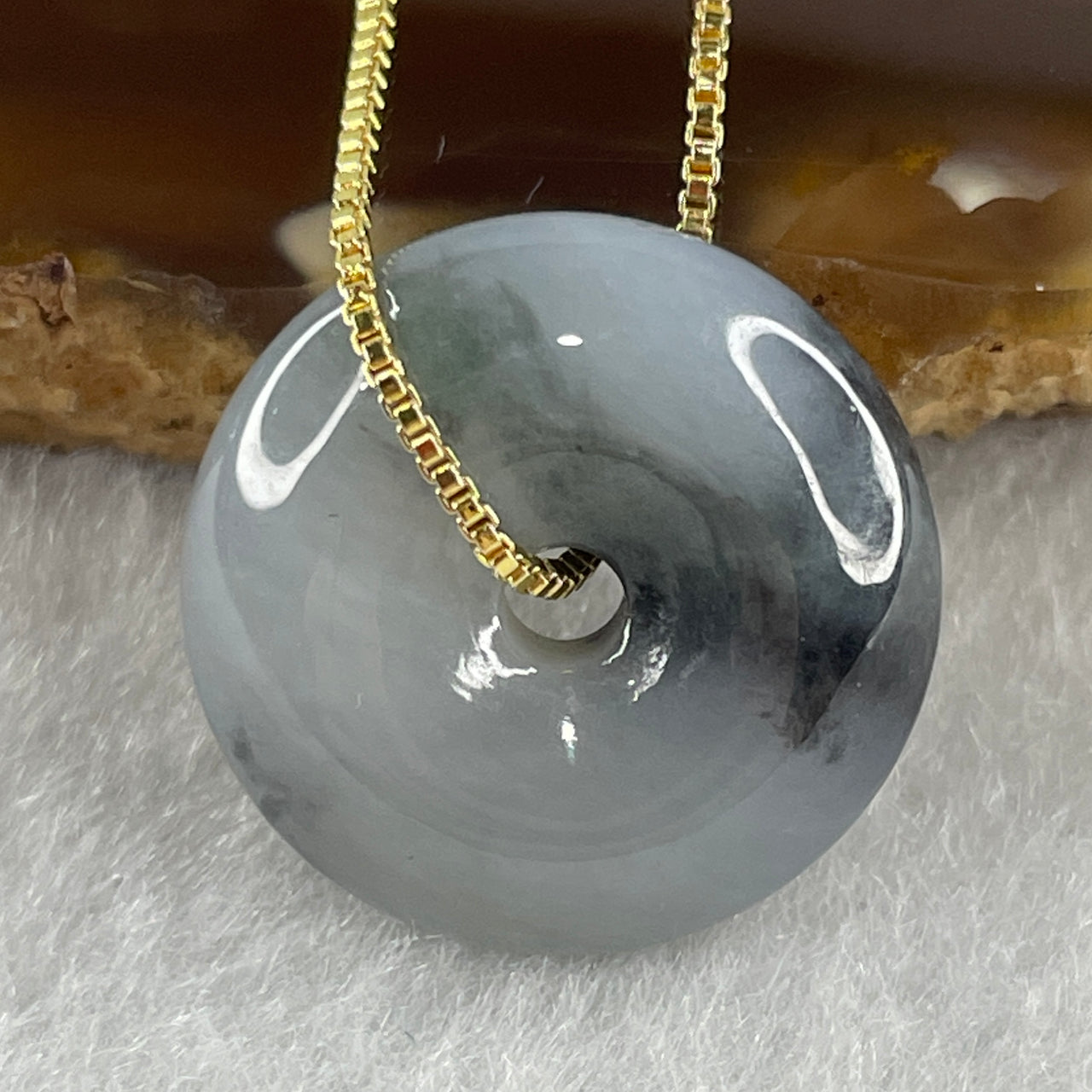 Natural Type A Wuji Grey Jadeite Ping An Kou Donut Pendant in Gold Color Stainless Steel Signifying Protection Blessings 6.19g 18.5 by 6.4mm - Huangs Jadeite and Jewelry Pte Ltd