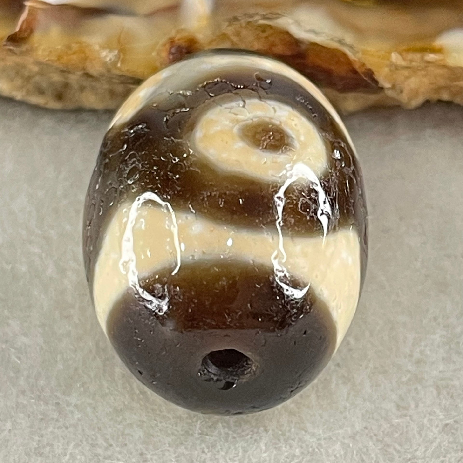 Natural Powerful Tibetan Old Oily Agate 3 Eyes Dzi Bead Heavenly Master (Tian Zhu) 三眼天诛 7.61g 20.1 by 16.1mm - Huangs Jadeite and Jewelry Pte Ltd