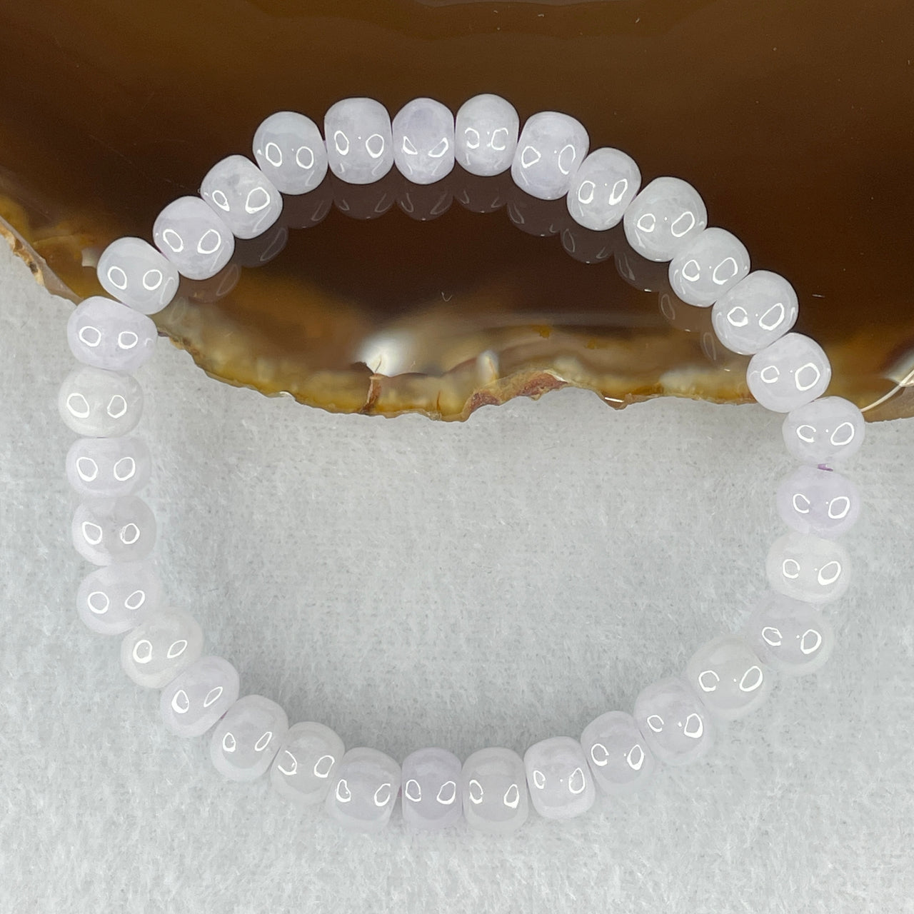 Natural Type A Faint Lavender Jadeite Bracelet | 15.5cm Petite 7.3mm Donut Shape Ping An Kou Safe Journey Bead Strand (17.19g, 33 Beads)