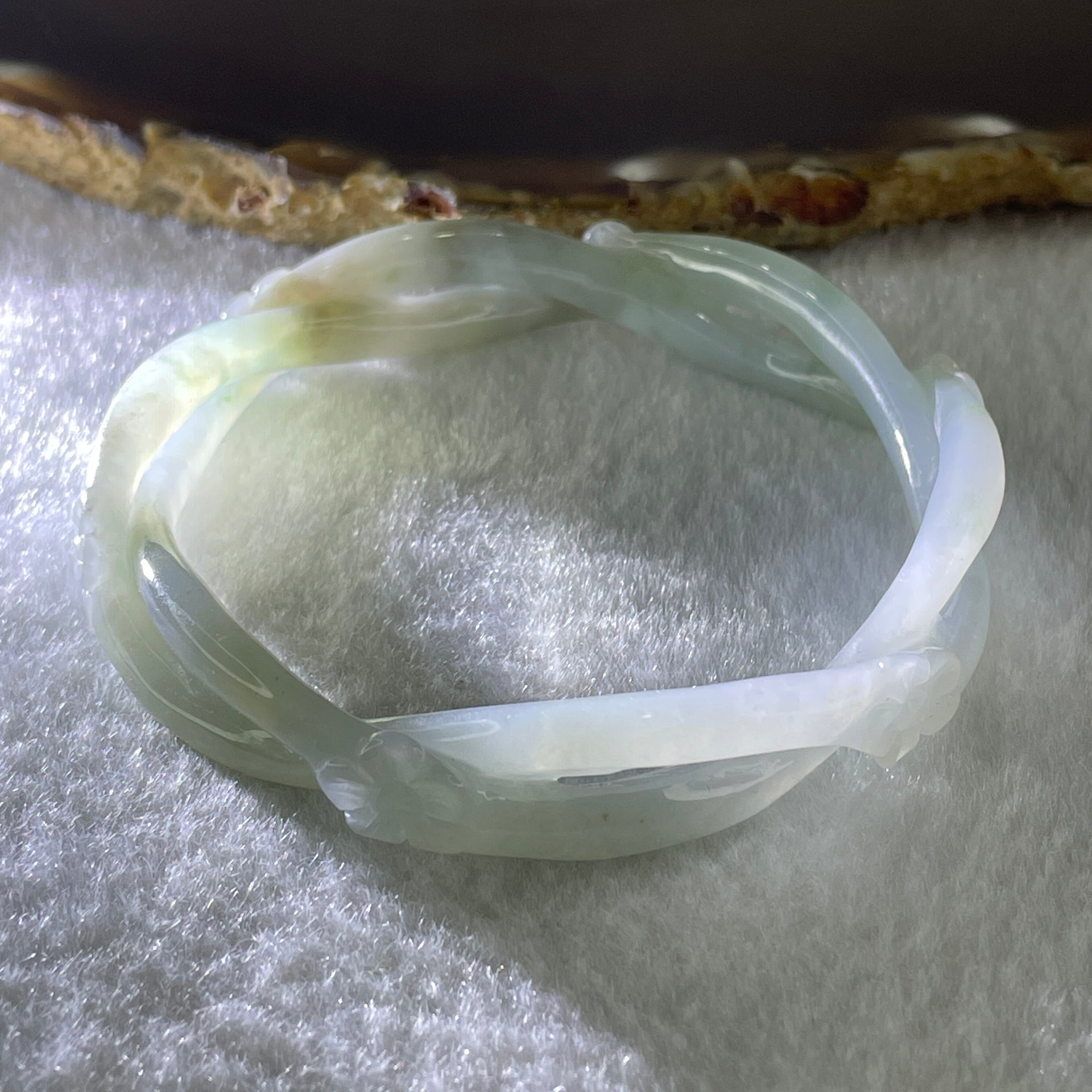 Type A Natural Semi Icy Light Green Jadeite Flowers Bangle 23.20g Inner Diameter 55.0mm 11.7 by 7.2mm (Very Very Slight Internal Line) - Huangs Jadeite and Jewelry Pte Ltd