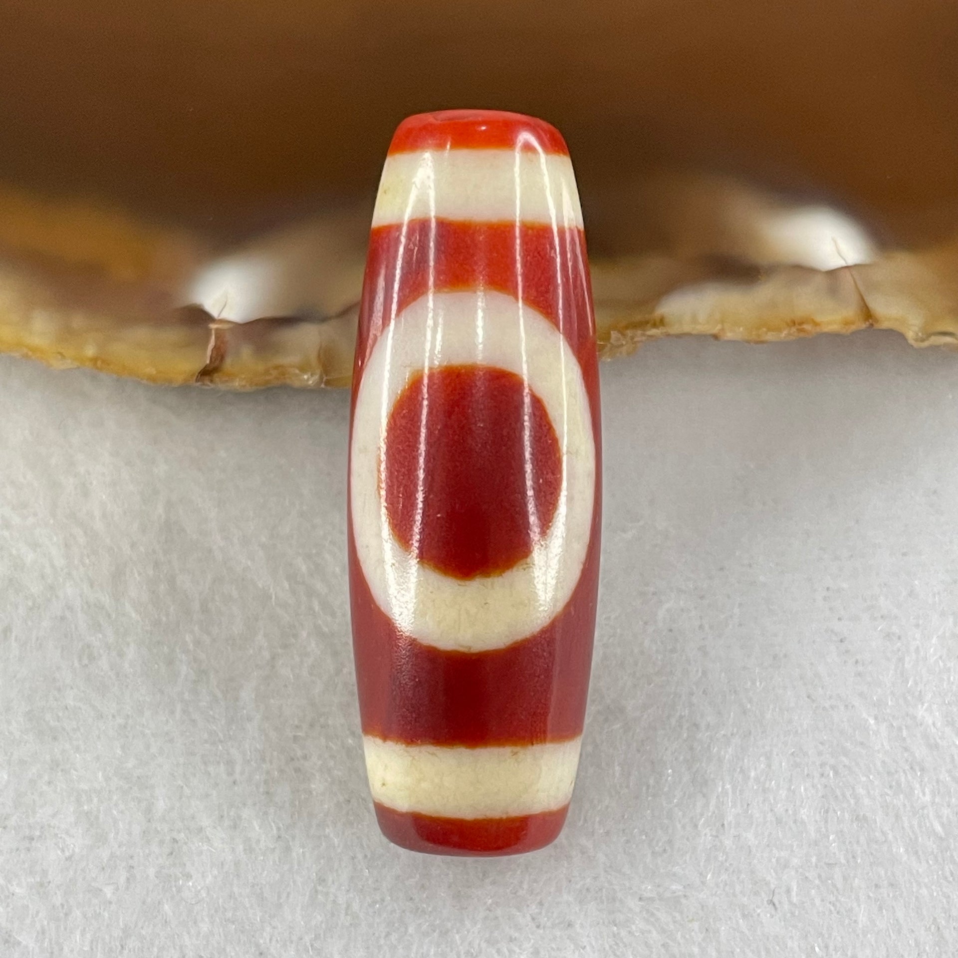 Natural Powerful Tibetan Old Oily Red White Agate One Eye Fire Sign Dzi Bead Heavenly Master (Tian Zhu) 一眼火天珠 10.31g 37.7 by 13.3mm - Huangs Jadeite and Jewelry Pte Ltd
