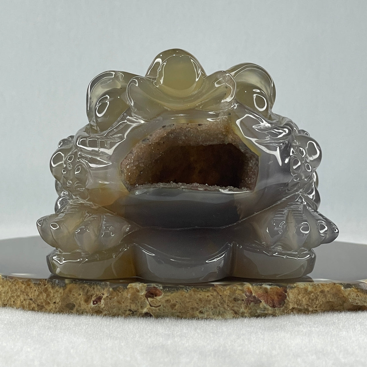 Natural Icy Dark Purpleish Wuji with Brown Agate 3 Legged Toast Display 520.6g 90.0 by 92.0 by 65.0mm - Huangs Jadeite and Jewelry Pte Ltd
