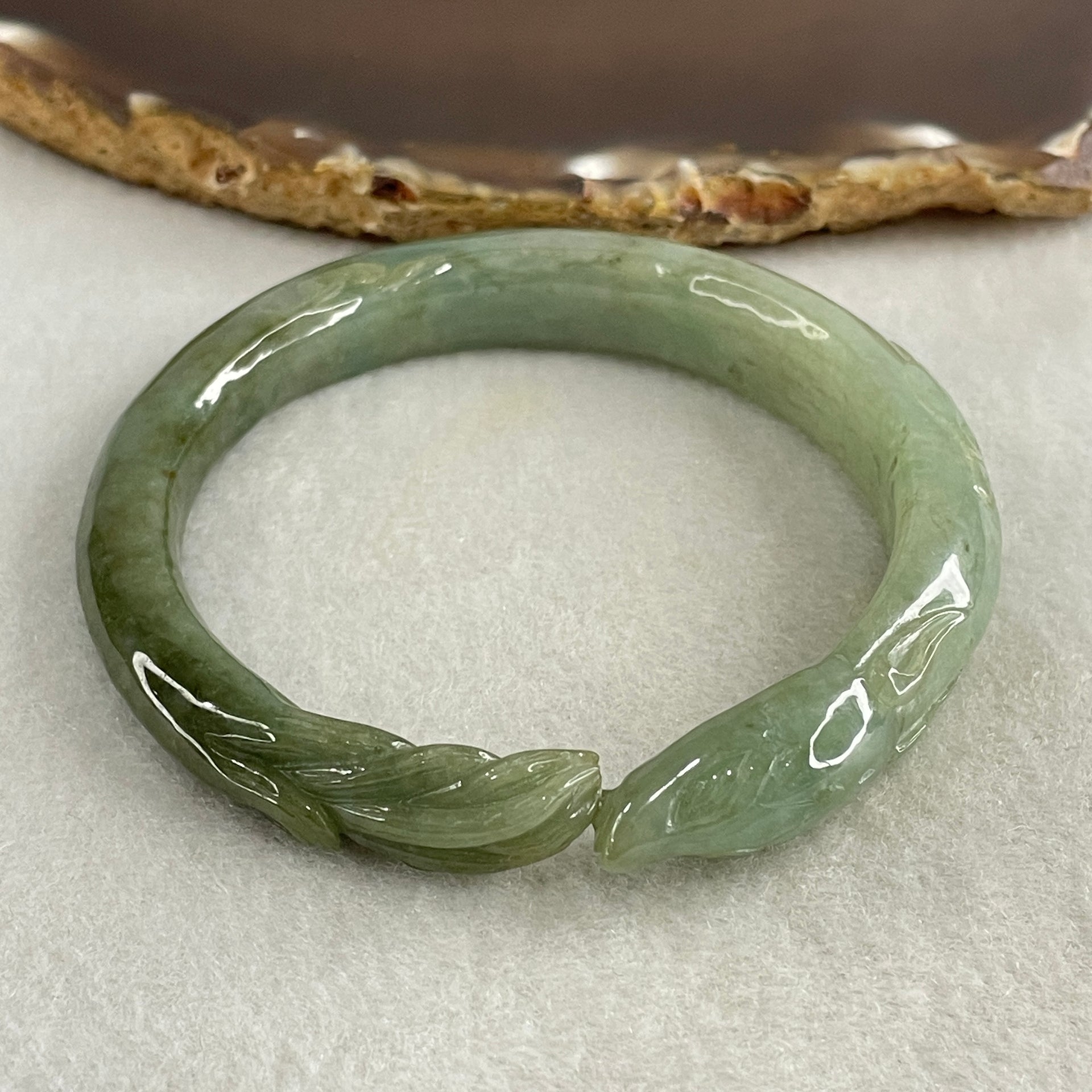 Type A Green with Dark Green Piao Hua Jadeite 9 Tail Fox Bangle Internal Diameter 55.6mm 41.22g 12.5 by 8.4mm (Internal Lines) - Huangs Jadeite and Jewelry Pte Ltd