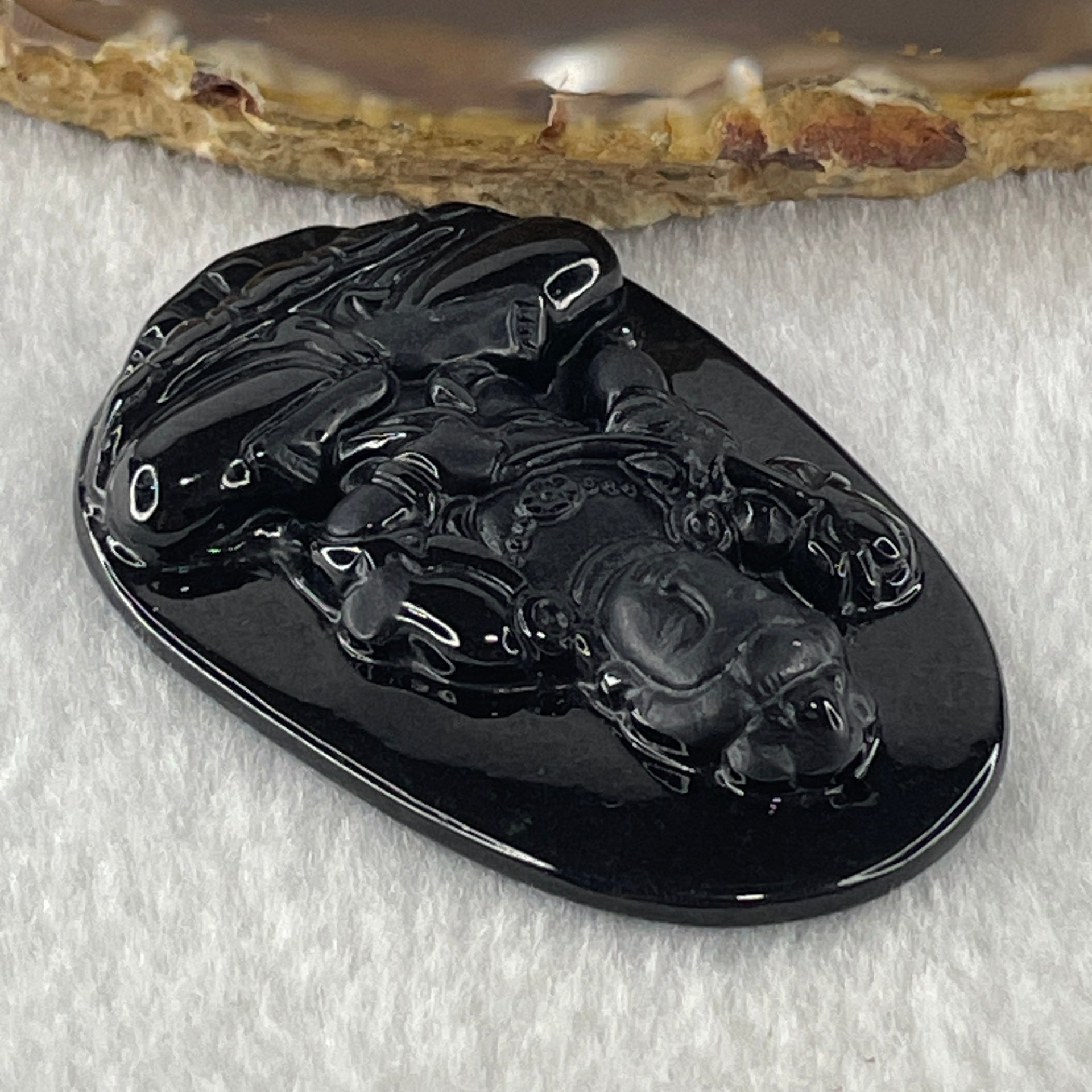 Type A Opaque to Partial Translucent Black Omphacite Jadeite Mahasthamaprapta Bodhisattva Pendant Horse Zodiac Guardian 16.73g 52.1 by 34.6 by 7.6mm - Huangs Jadeite and Jewelry Pte Ltd