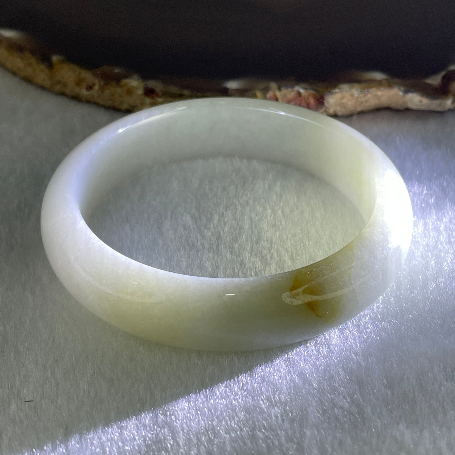 Type A Faint Green with Faint Lavender and Yellow Spot Jadeite Bangle 53.71g Internal Diameter 54.0mm 13.9 by 7.7mm (Very Slight Internal Lines) - Huangs Jadeite and Jewelry Pte Ltd