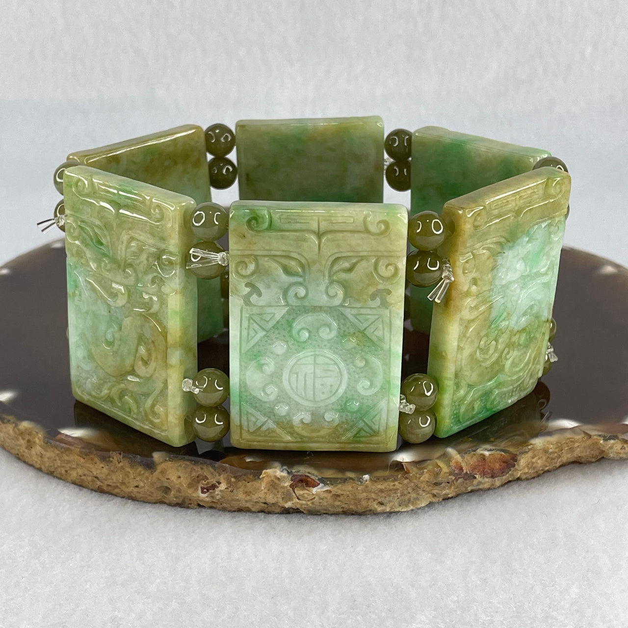 Natural Type A Green, Apple Green & Yellowish Jadeite Shoupai Bracelet | Untreated Fei Cui 6-Piece Plaque Bracelet (146.45g | 44.22 x 29.9 x 5.8mm)